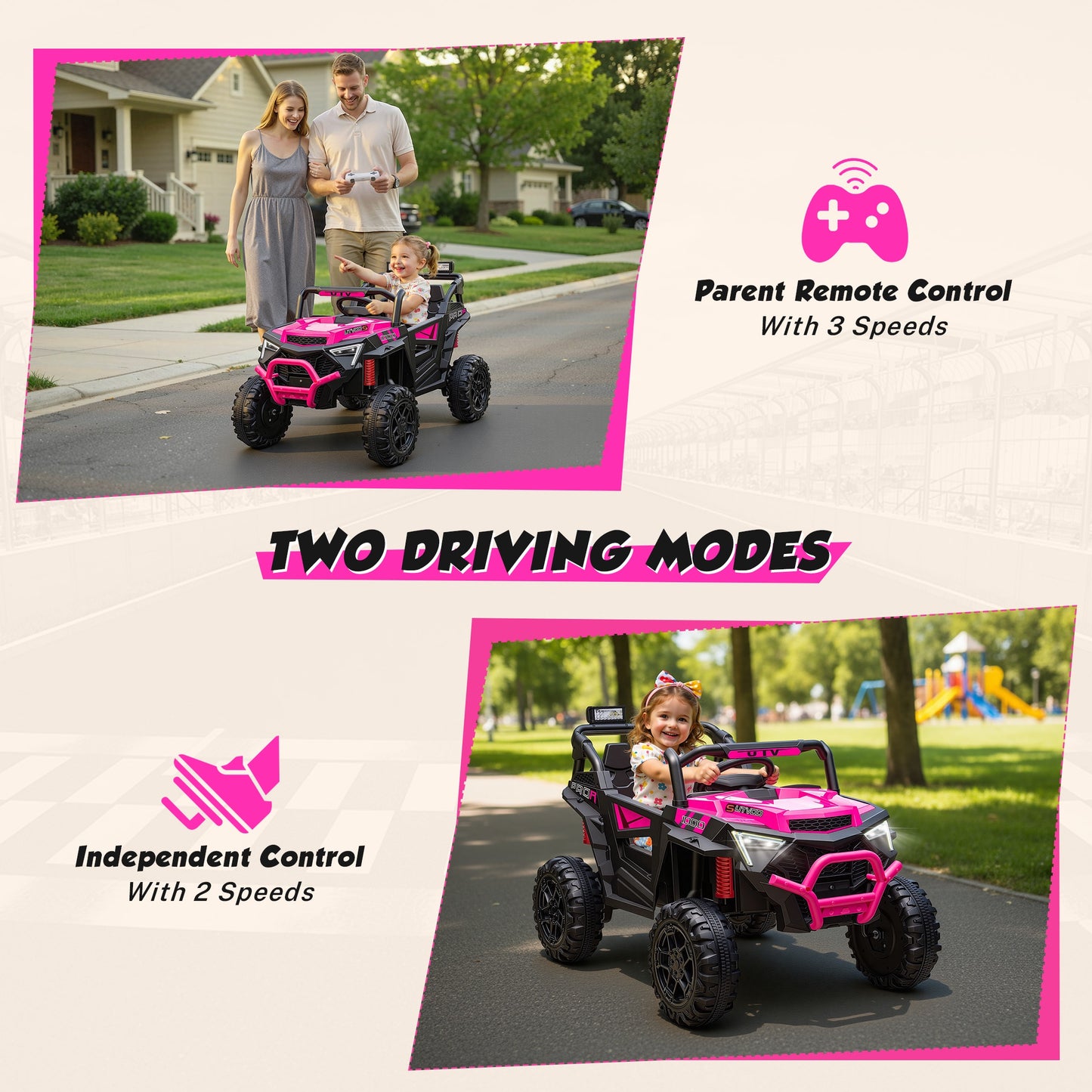 iRerts 24V Powered Ride on Toys, Electric Ride on UTV with Remote Control, Four-Wheel Suspension, LED Lights, Bluetooth Music, Ride on Cars Vehicle for Kids Ages 3-6, Pink