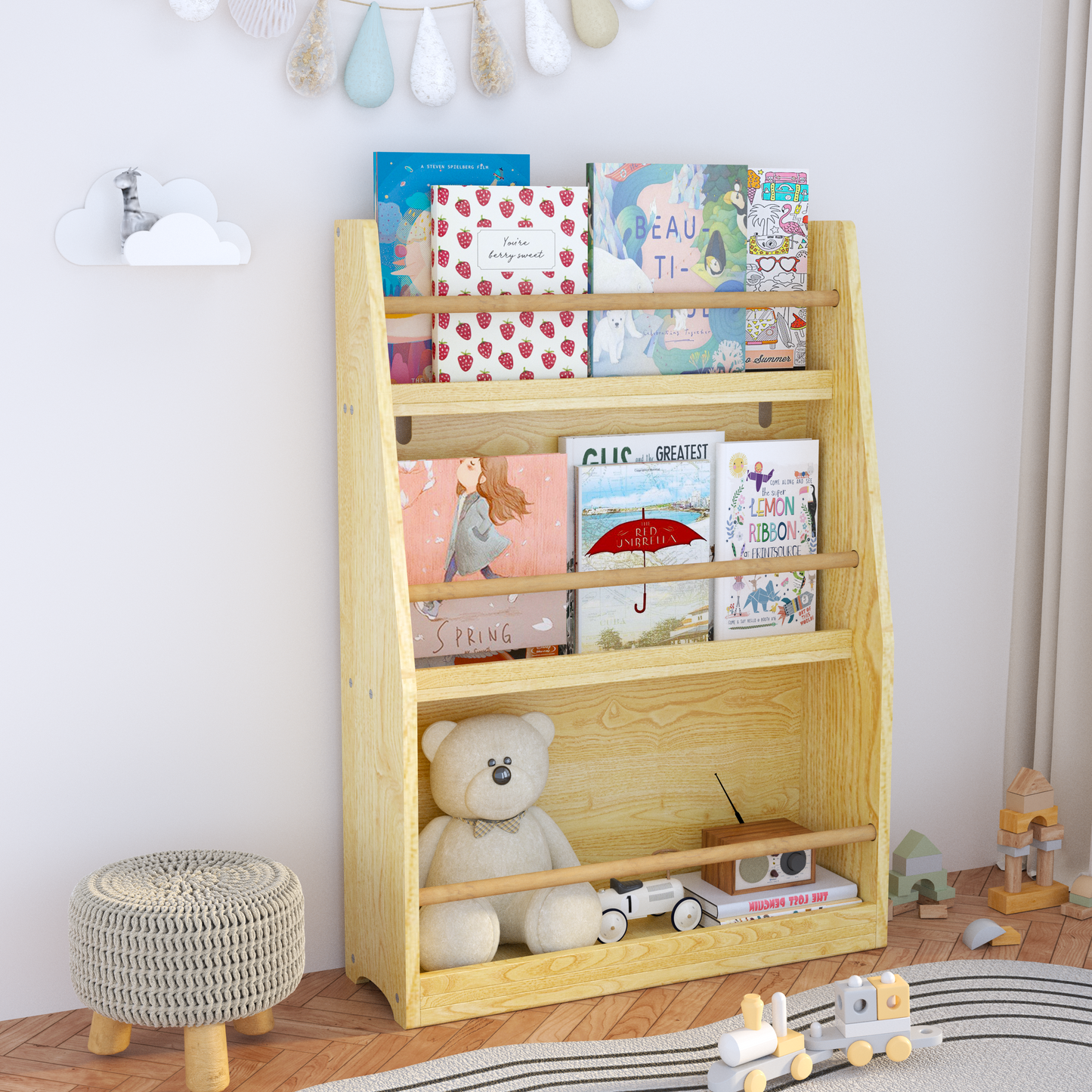Kids Bookcase with Storage, Wooden Bookshelf and Toy Storage Organizer Cabinet, Cubes Bookshelf for Toddlers Children Boys Girls in Kids Room Furniture/ Bedroom/ Living Room