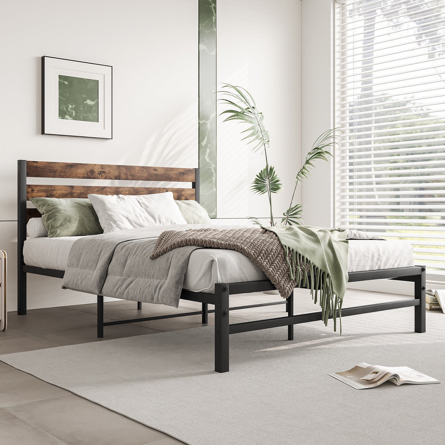 iRerts Full Bed Frame with Headboard, Metal Platform Bed Frame No Box Spring Needed, Bed Frame Full Size with Metal Support,  Noise-Free, Under Bed Storage, Easy Assembly, Rustic Brown