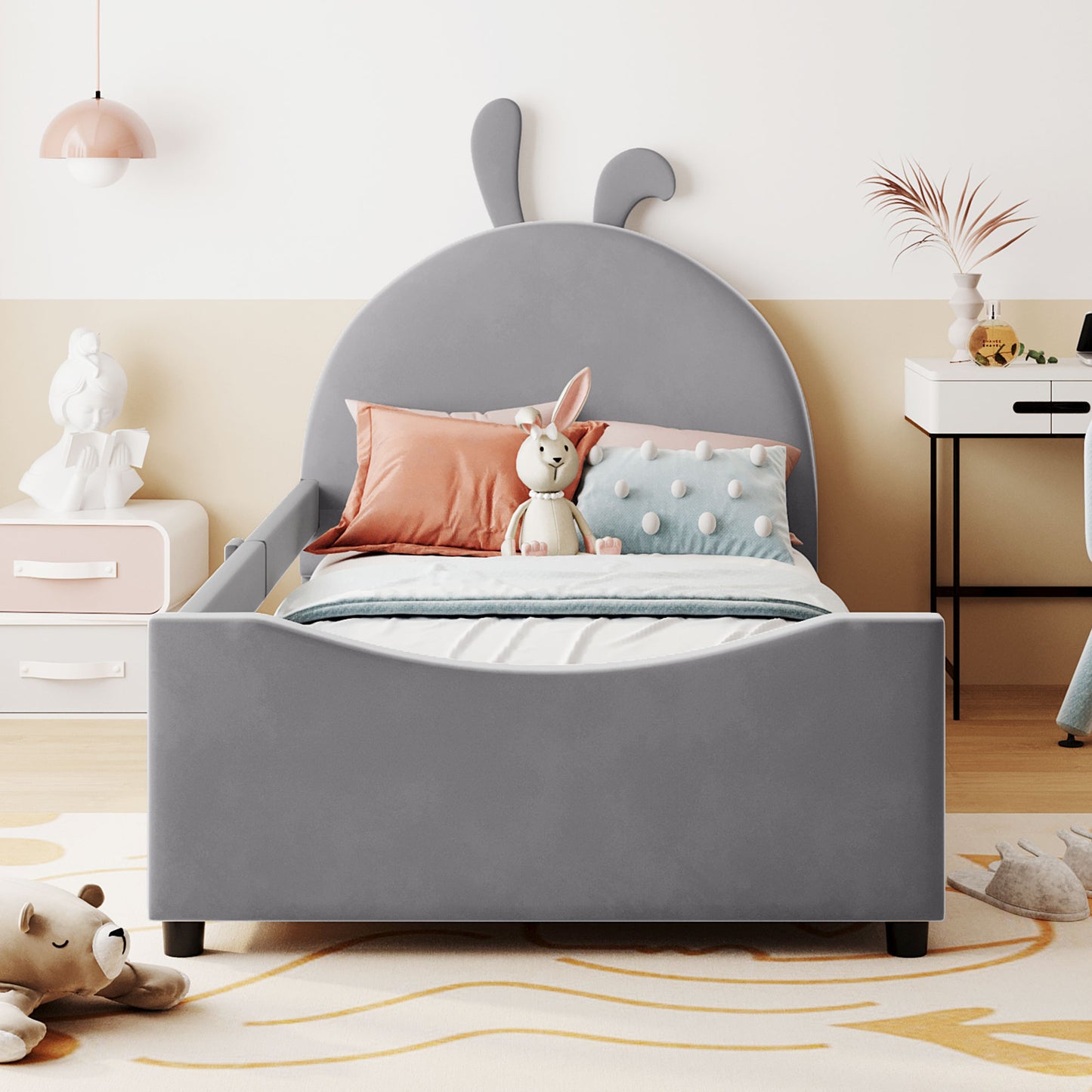iRerts Upholstered Twin Daybed Frame for Kids, Velvet Twin Platform Bed Frame with Rabbit Ear Shaped Headboard and Footboard, Wood Twin Size Sofa Bed for Girls Boys, Gray