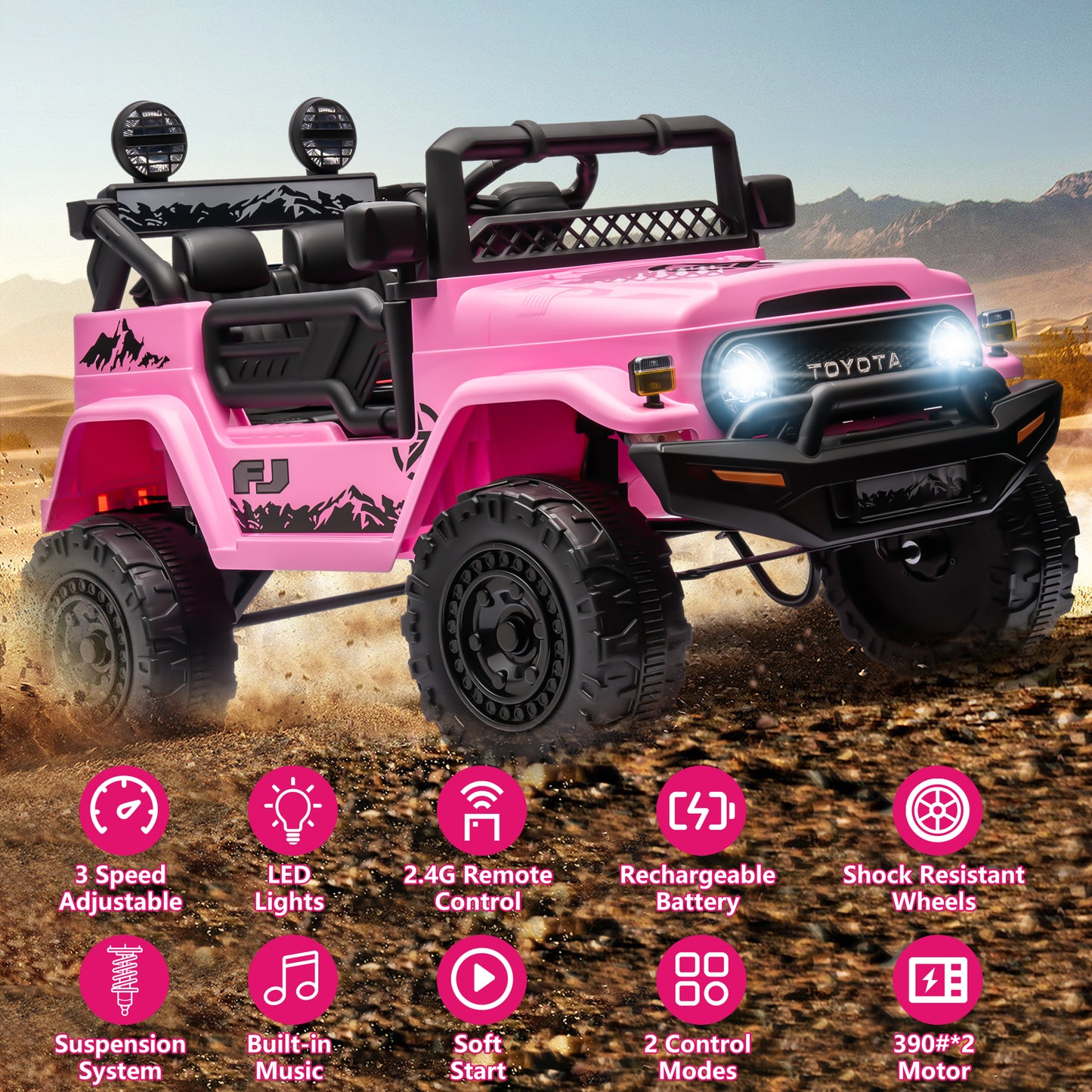 12V Ride on Cars with Remote Control, Licensed Toyota FJ Cruiser Ride on Trucks Vehicle with Bluetooth, Music, MP3/USB Port, Battery Powered Ride on Toys for Kids Boys Girls Birthday Gift, Pink
