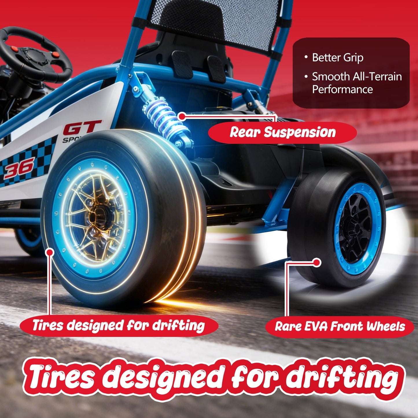 24V Powered Ride on Toys, iRerts Electric Go Kart with Drift Mode, Bluetooth Music, EVA Front Tires, Rear Wheel Suspension, Max Speed 7.5 MPH, Crazy Go Cart Electric Car for Kids 6-12 Ages,  Blue