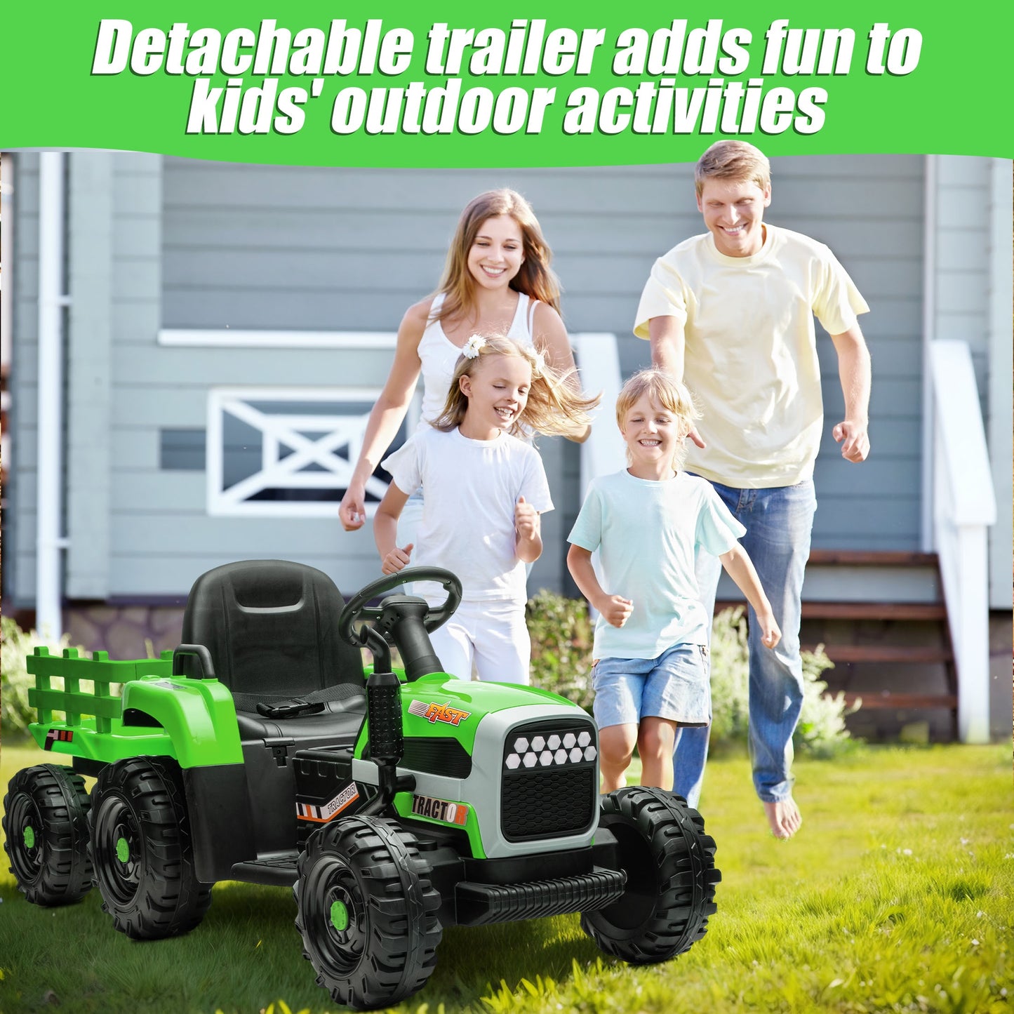 Powered Ride on Toy Tractor, 24V Kids Ride on Car with Remote Control, Electric Vehicles for Kids Toddlers 3-6 Years with 3 Speeds, Bluetooth, Music Player, LED Light, Rear Wheel Suspension, Green