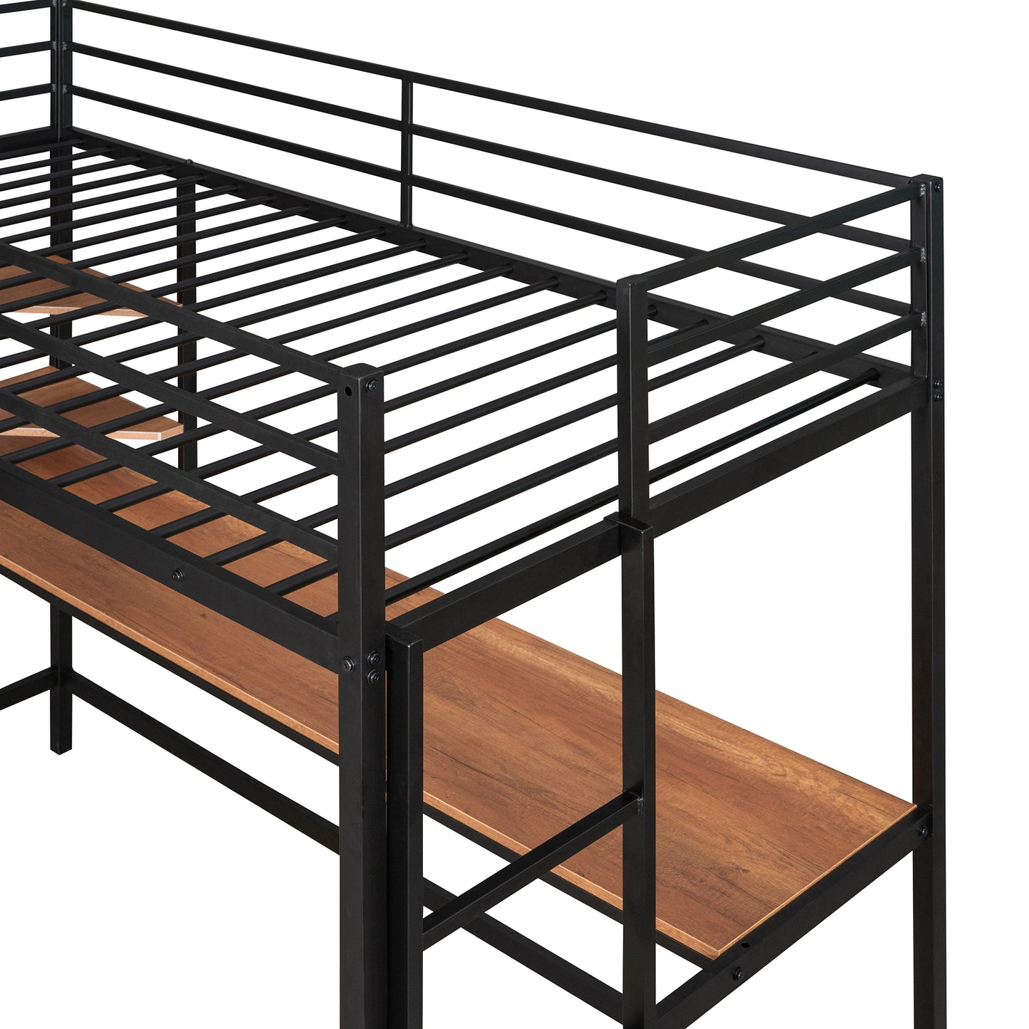 iRerts Loft Bed with Desk and Shelves, Metal Loft Bed Twin for Kids Teens Adult, Twin Size Loft Bed with Safety Guardrail, Modern Black Loft Bed Twin for Dorm Bedroom Guest Room, No Box Spring Needed