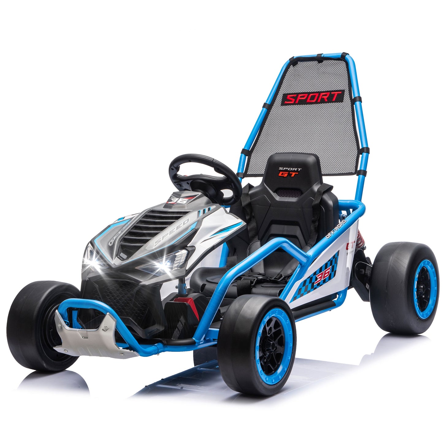 24V Powered Ride on Toys, iRerts Electric Go Kart with Drift Mode, Bluetooth Music, EVA Front Tires, Rear Wheel Suspension, Max Speed 7.5 MPH, Crazy Go Cart Electric Car for Kids 6-12 Ages,  Blue