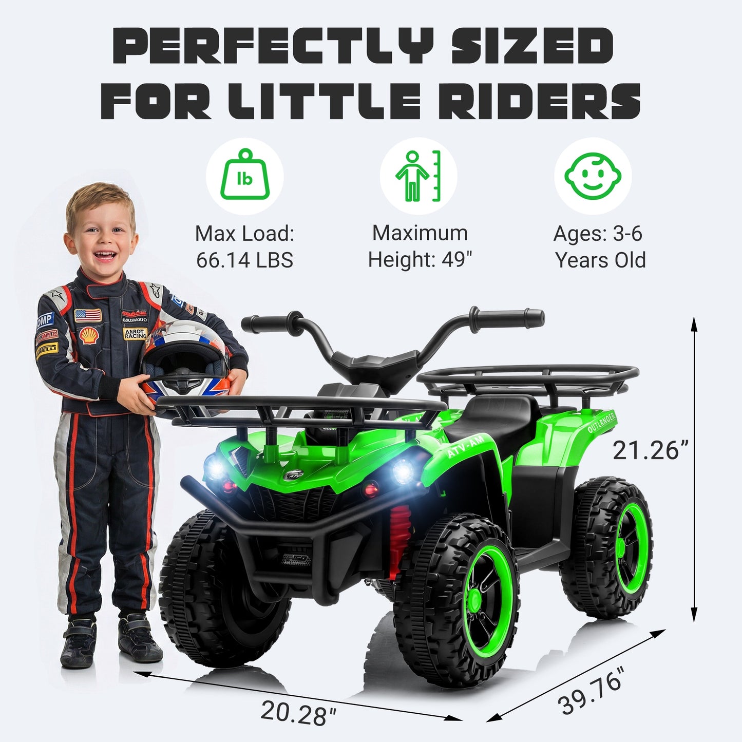 iRerts 24V Ride on ATV, Powered Ride on Toys for Kids Boys Girls Ages 3-5, Kids 4 Wheeler Electric Cars with Bluetooth, Music, LED Headlights, Front Rear Storage Racks, Crash Bars, Green