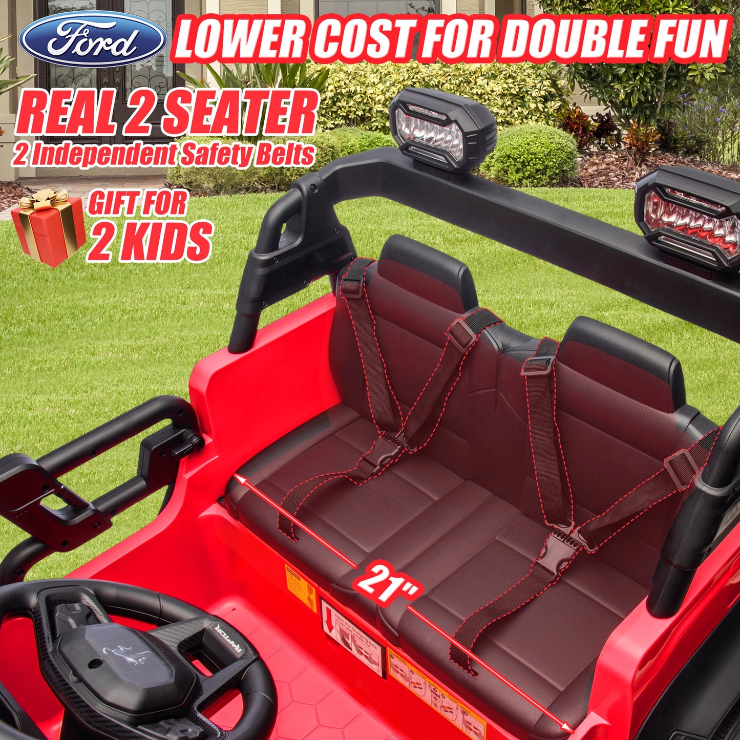 24V 2 Seater Ride on Toy Car, Licensed Ford Bronco Raptor Ride on Trucks with Remote Control, Bluetooth Music Player, Spring Suspension, Battery Powered Electric Car for Kids Boys Girls Ages 3-8, Red