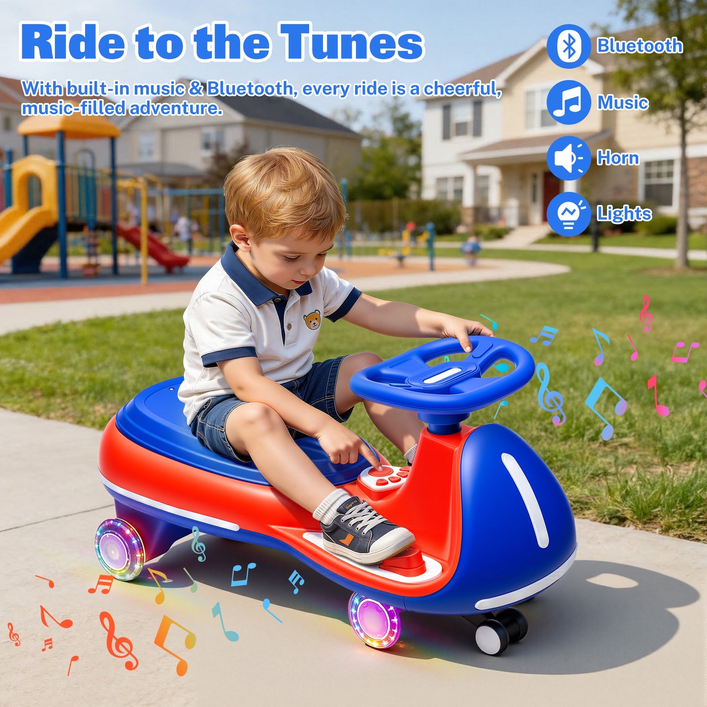 iRerts 12V Ride on Toys, Electric Ride on Wiggle Car with Pedal, 2 in 1 Swing Car Kids Wiggle Car for Toddlers Ages 3+, Kids Cars with Flashing PU Wheels, Bluetooth Music, 5MPH Max Speed, Blue+Red