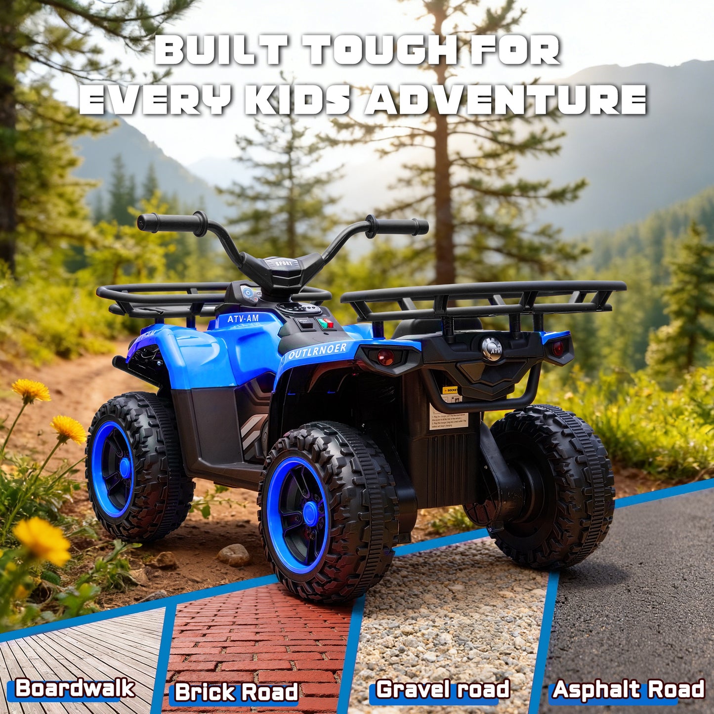iRerts 24V Ride on ATV, Powered Ride on Toys for Kids Boys Girls Ages 3-5, Kids 4 Wheeler Electric Cars with Bluetooth, Music, LED Headlights, Front Rear Storage Racks, Crash Bars, Blue