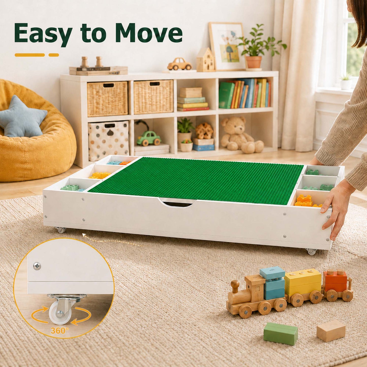 Kids Activity Table, 3 in 1 Reversible Kids Play Table with Building Bricks, Whiteboard, City Road Map, Toy Organizer Compatible, Wood Building Block Desk for Drawing, Reading, Arts, Crafts, White