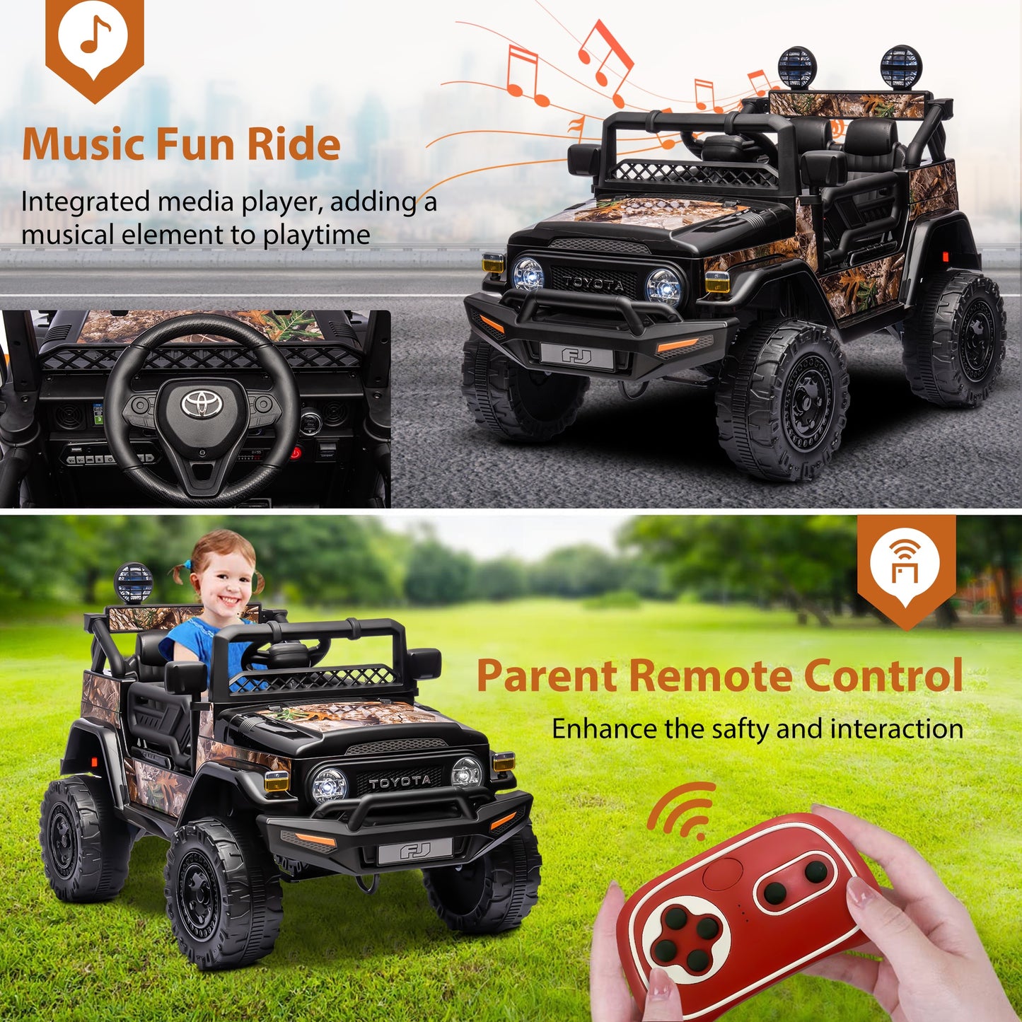 12V Ride on Cars with Remote Control, Licensed Toyota FJ Cruiser Ride on Trucks Vehicle with Bluetooth, Music, MP3/USB Port, Battery Powered Ride on Toys for Kids Boys Girls Birthday Gift, Black