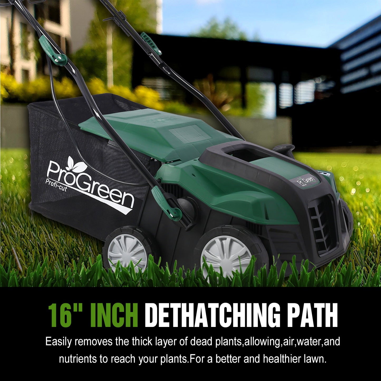 iRerts Electric Dethatcher and Scarifier, 2-in-1 16 Inch Dethatcher Scarifier with 58QT Removable Collection Bag, 4 Position Height Adjustment, 15 Amp Walk Behind Scarifier for Garden Yard, Green