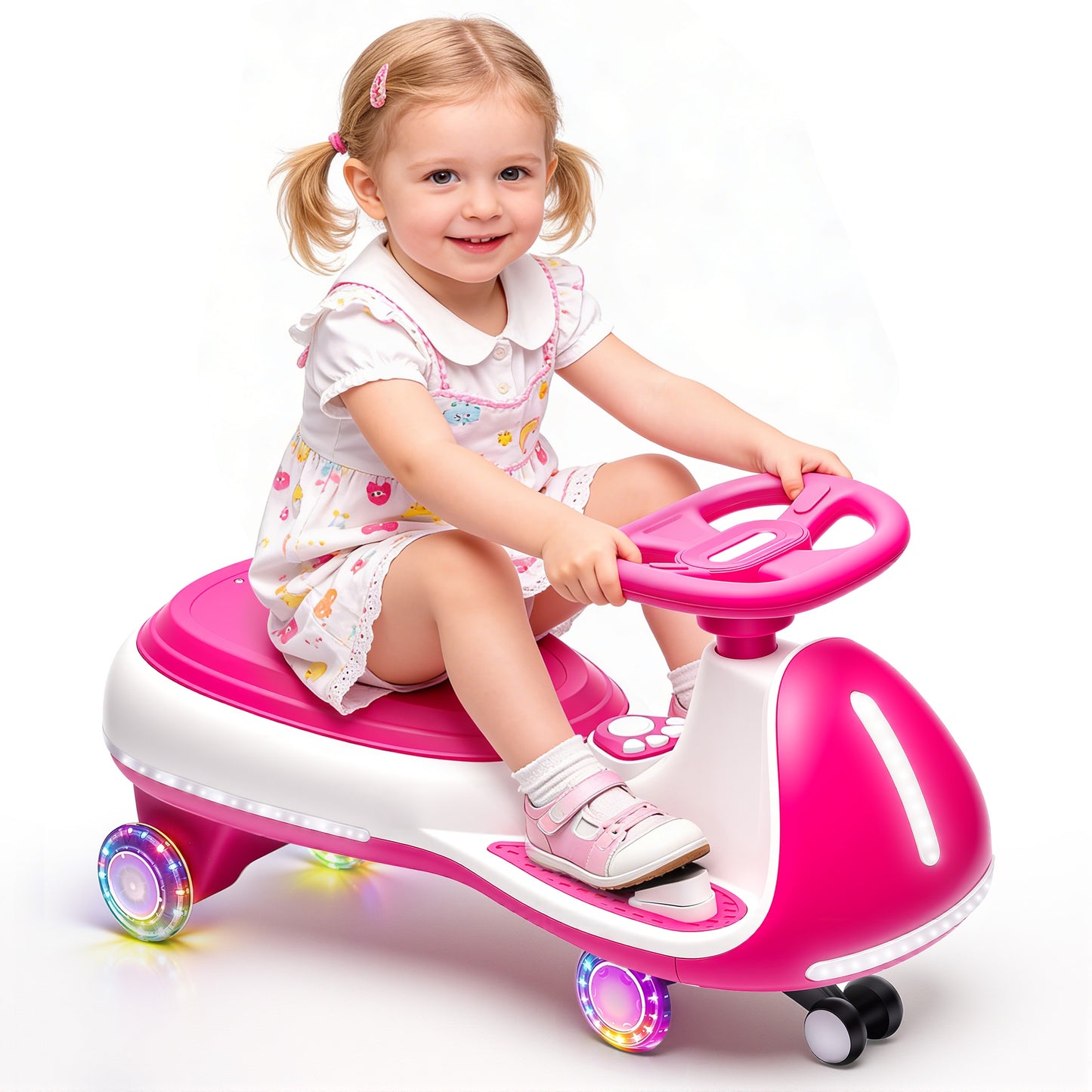 iRerts 12V Ride on Toys, Electric Ride on Wiggle Car with Pedal, 2 in 1 Swing Car Kids Wiggle Car for Toddlers Ages 3+, Kids Cars with Flashing PU Wheels, Bluetooth Music, 5MPH Max Speed, Rose Red