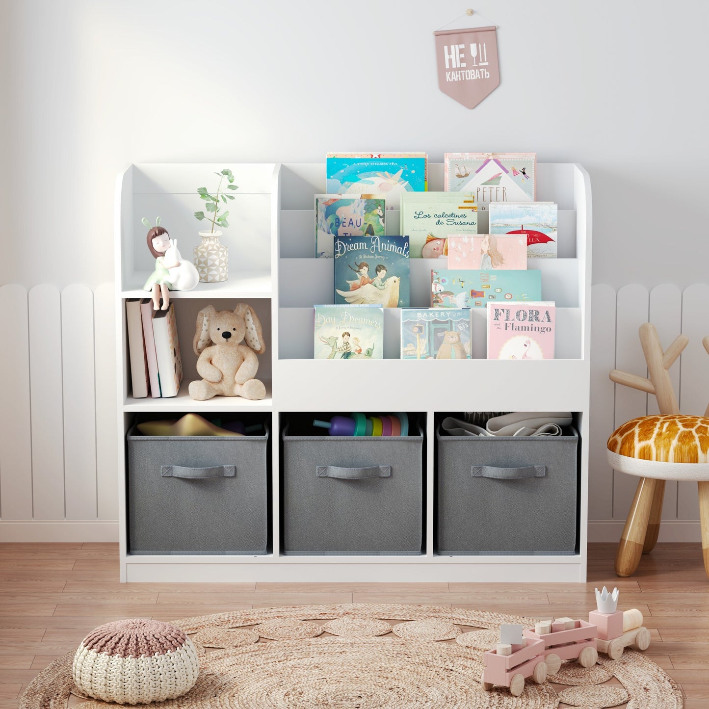Kids Bookshelf and Toy Storage Organizer with 3 Drawers, Wooden Cube Bookcase for Children Toddlers with 4 Tier Book Display Shelf, for Kids Baby Room, Bedroom, Living Room, White