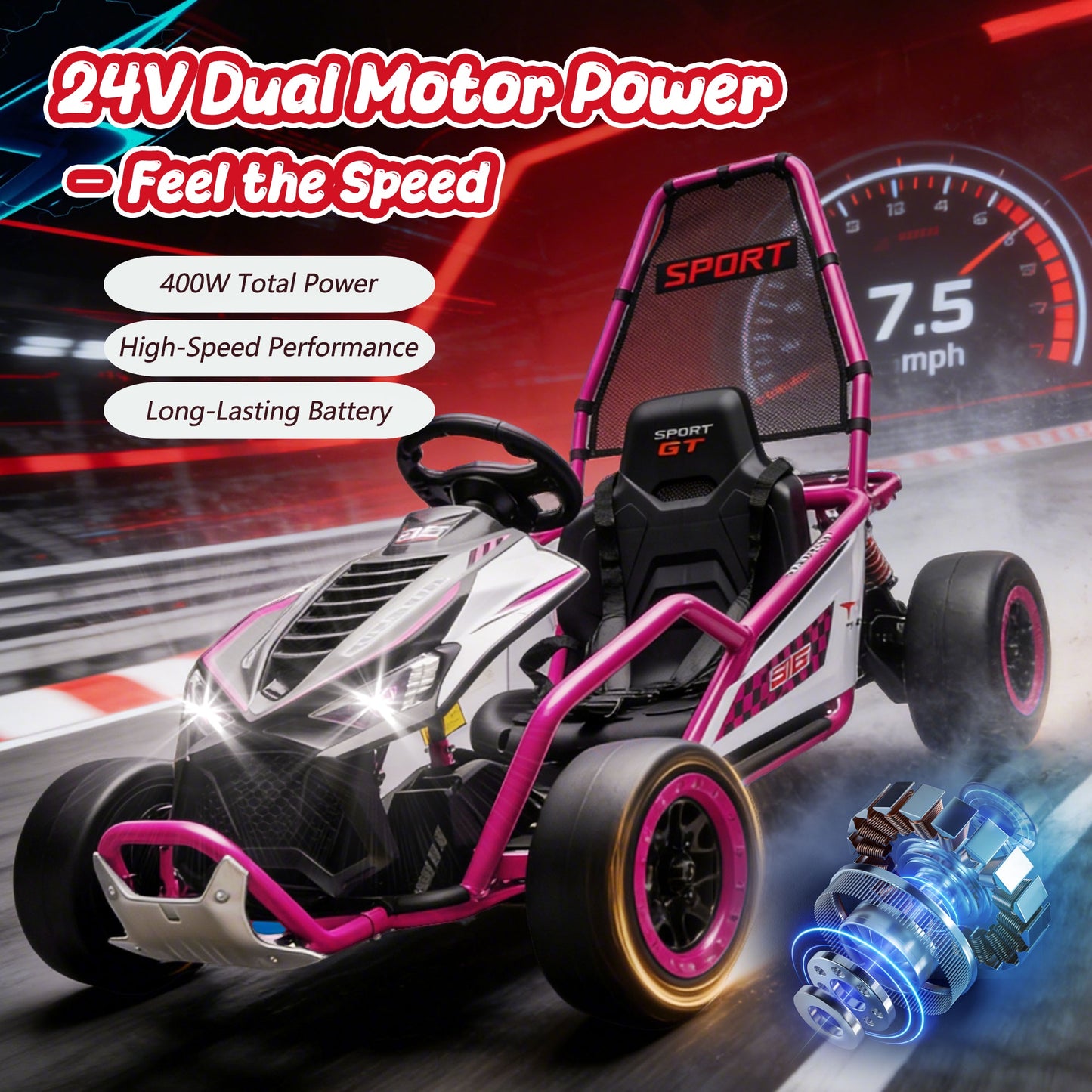 24V Powered Ride on Toys, iRerts Electric Go Kart with Drift Mode, Bluetooth Music, EVA Front Tires, Rear Wheel Suspension, Max Speed 7.5 MPH, Crazy Go Cart Electric Car for Kids 6-12 Ages, Rose Pink