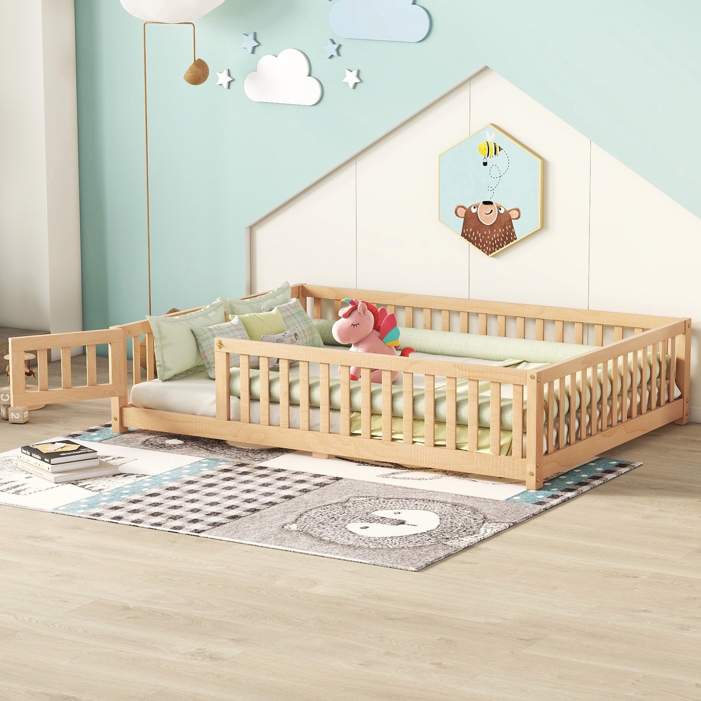 iRerts Full Floor Bed Frame for Toddlers Kids, Wood Full Montessori Bed Frame with Slats, Fence, Door, Kids Montessori Bed Full Size, Full Toddler Bed Frame for Boys Girls, Natural