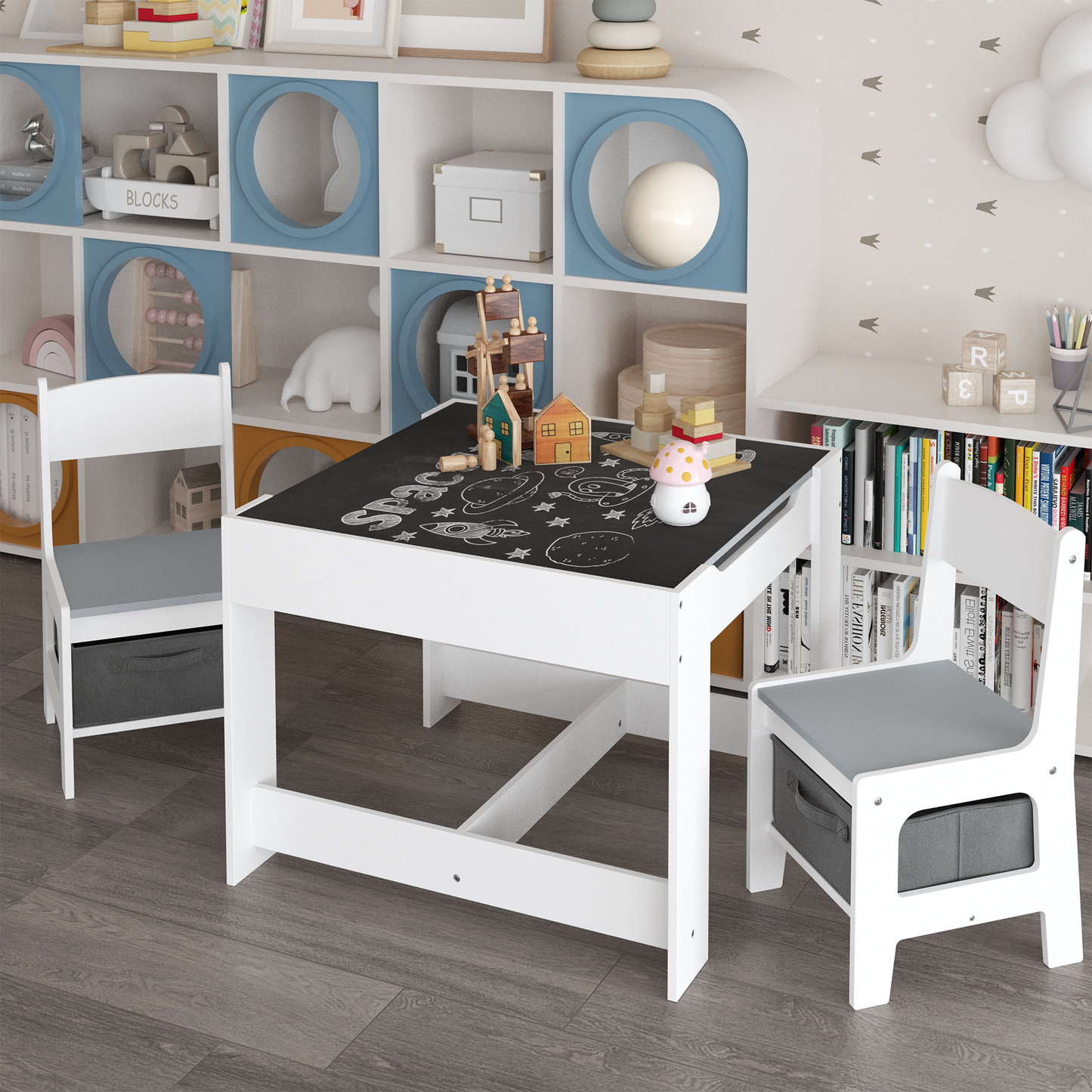 iRerts Kids Table and Chairs Set 5 Piece, Wooden Table and 4 Chairs with Storage Function for Children Toddler, Gray and White
