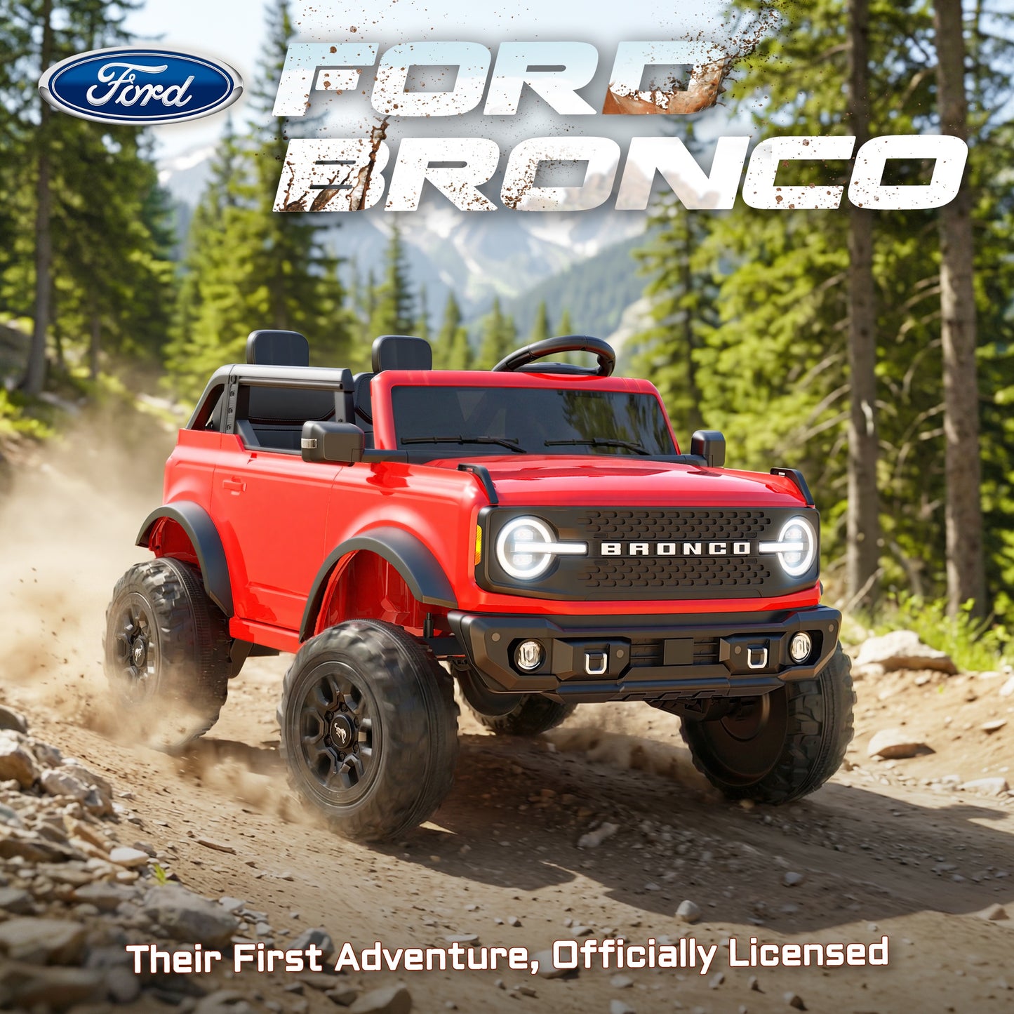 iRerts 2 Seater Ride on Cars, Licensed Ford Bronco Base 24V Ride on Toys for Big Kids Ages 3-8, Powered Kids Car Electric Vehicle with Remote Control, Bluetooth, LED Lights, 4 Wheel Suspension, Red