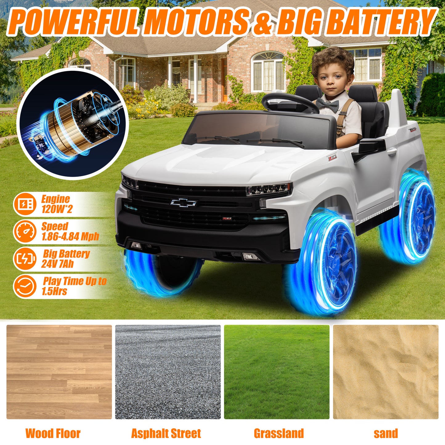 Chevrolet Silverado 24V Ride on Cars with Remote Control, 2 Seater 4 Wheels Kids Electric Cars with Bluetooth, LED Lights, Battery Powered Ride on Truck Toys for Boys Girls Christmas Gifts, White