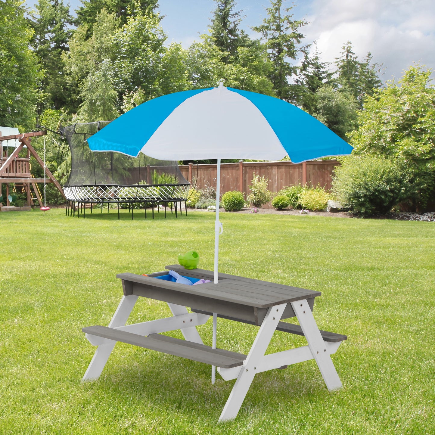 Kids Outdoor Picnic Table Set with Bench, 3 in 1 Sand and Water Activity Table Outdoor Convertible Picnic Table with Umbrella, Removable Tabletop, Play Boxes, Kids Table and Chair Set for Patio, Gray
