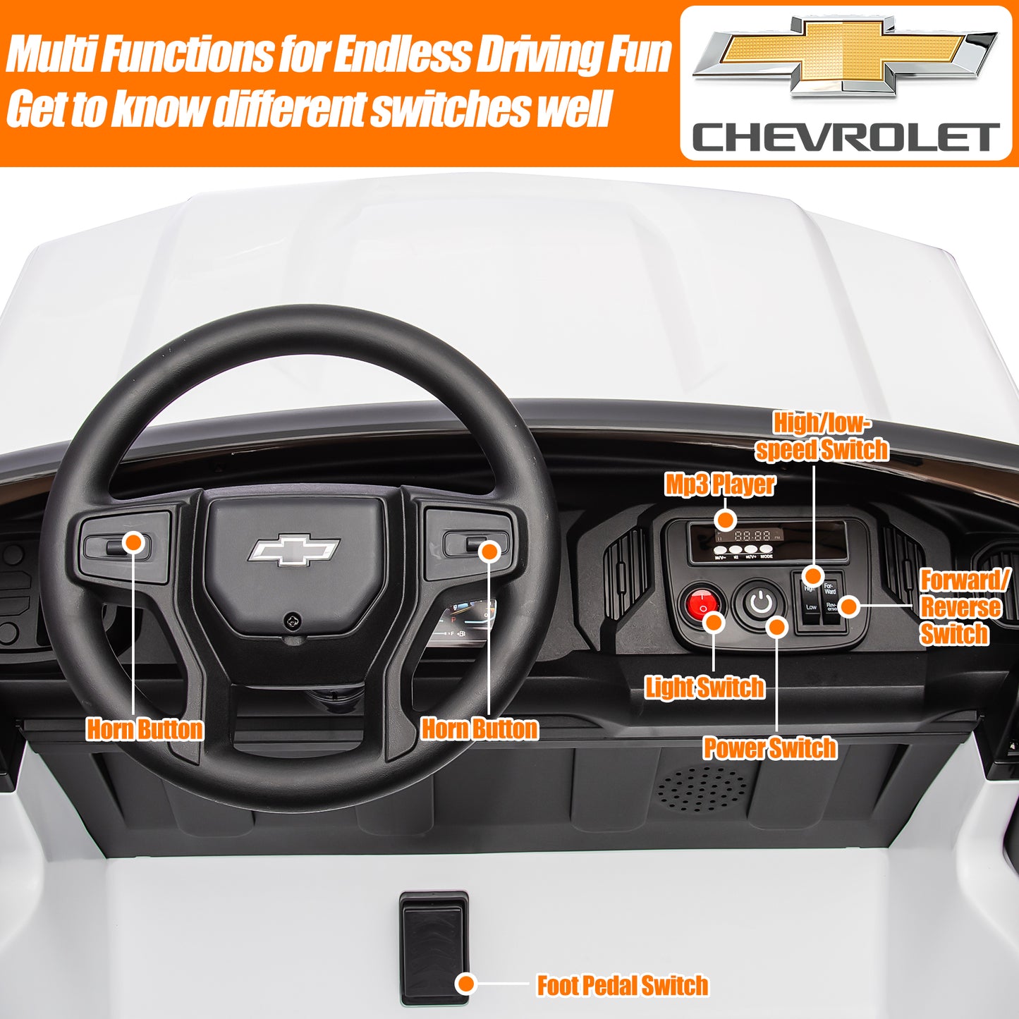 2 Seater 24V Ride on Cars with Remote Control, Licensed Chevrolet Silverado Kids Ride on Truck for Boys Girls Birthday Christmas Gifts, Battery Powered Kids Electric Cars with LED Lights, Music, White