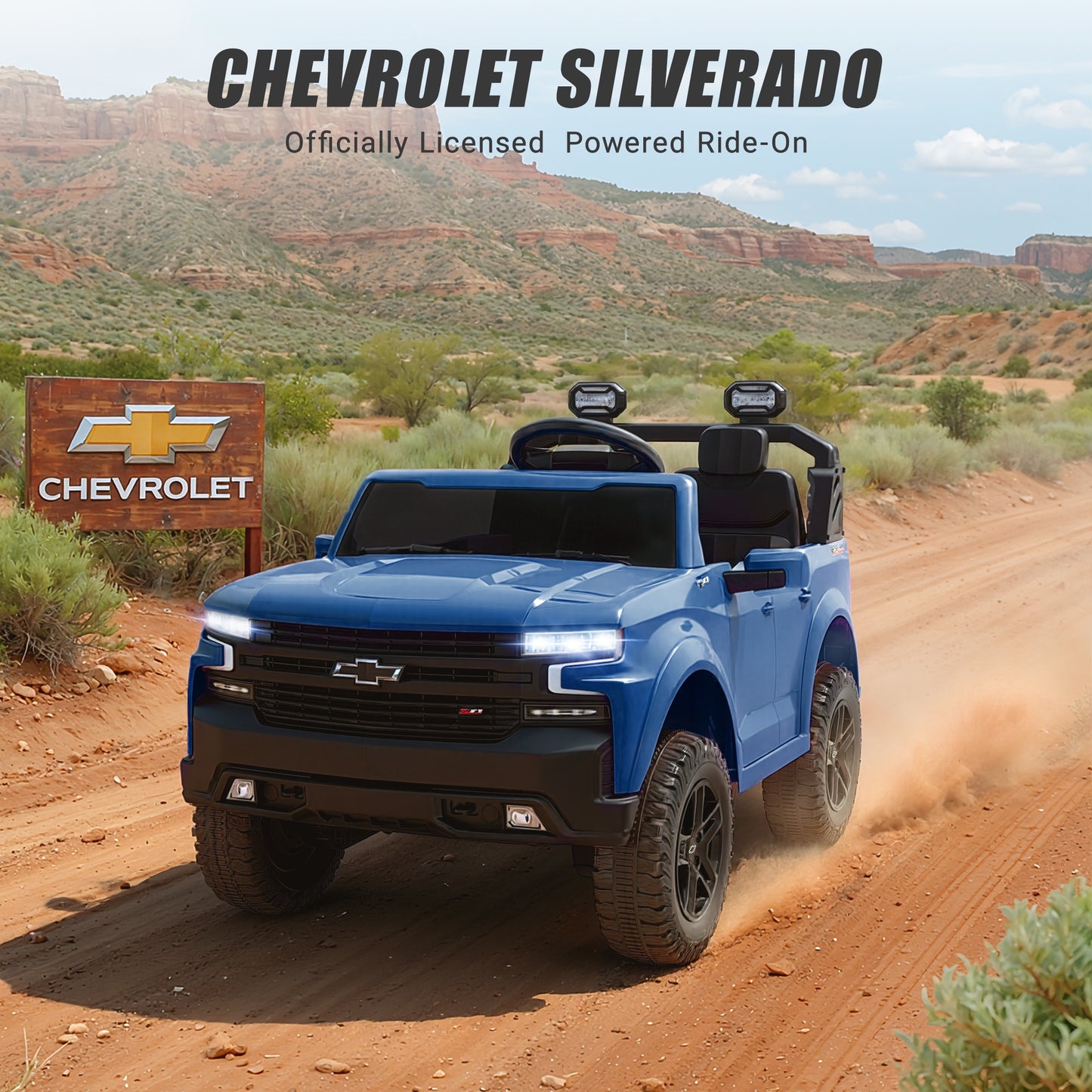 24V Powered Ride on Toys Car, Licensed Chevrolet Silverado 2 Seater Ride on Cars with Remote Control, Spring Suspension, LED Lights, Bluetooth Music, Toddler Electric Car for Kids Ages 3+, Blue