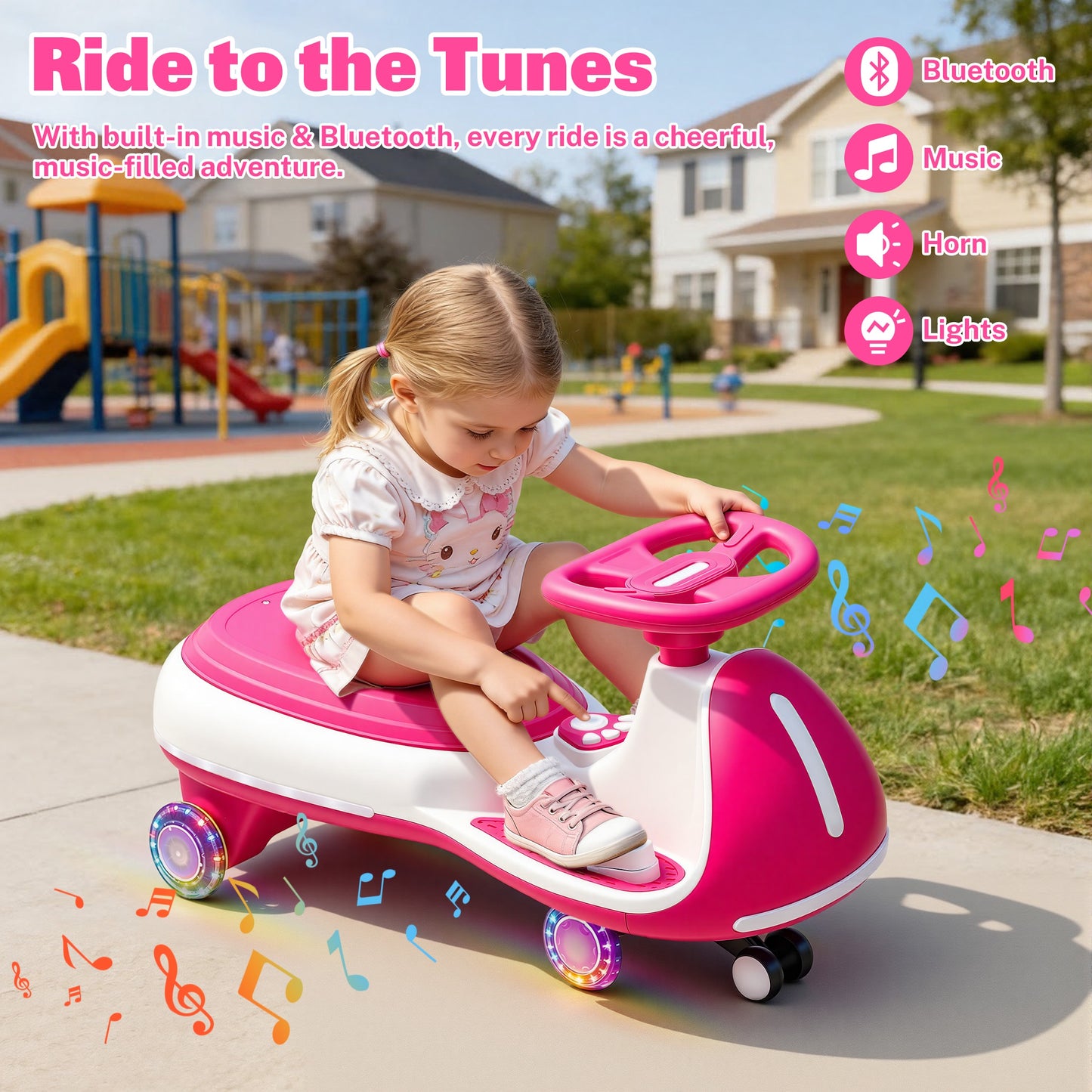 iRerts 12V Ride on Toys, Electric Ride on Wiggle Car with Pedal, 2 in 1 Swing Car Kids Wiggle Car for Toddlers Ages 3+, Kids Cars with Flashing PU Wheels, Bluetooth Music, 5MPH Max Speed, Rose Red