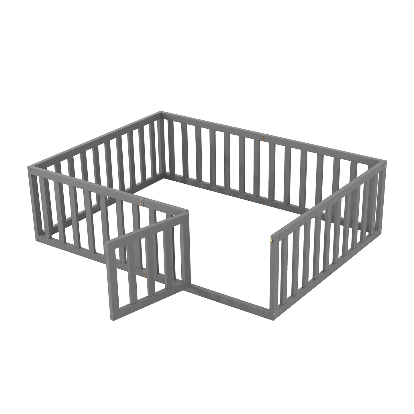 iRerts Full Floor Bed Frame for Kids Toddlers, Wood Montessori Low Floor Full Size Bed Frame with Fence Guardrail and Door, kids Full Bed for Boys Girls, Spring Needed, Gray