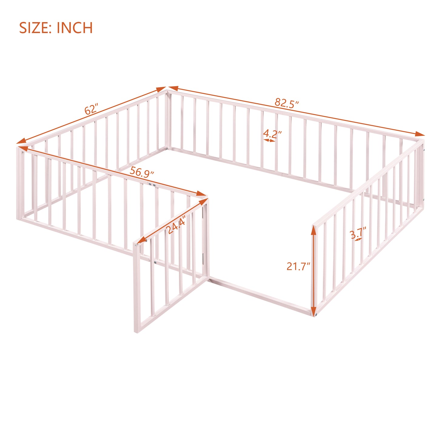iRerts Queen Floor Bed Frame, Metal Queen Size Montessori Floor Bed Frame with Fence and Door, Kids Toddler Floor Bed Frame Queen Size for Girls Boys, Twin Bed Frame without Bed Slats, Pink