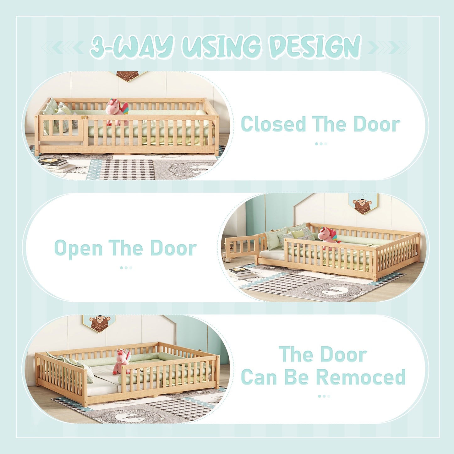 iRerts Full Floor Bed Frame for Toddlers Kids, Wood Full Montessori Bed Frame with Slats, Fence, Door, Kids Montessori Bed Full Size, Full Toddler Bed Frame for Boys Girls, Natural