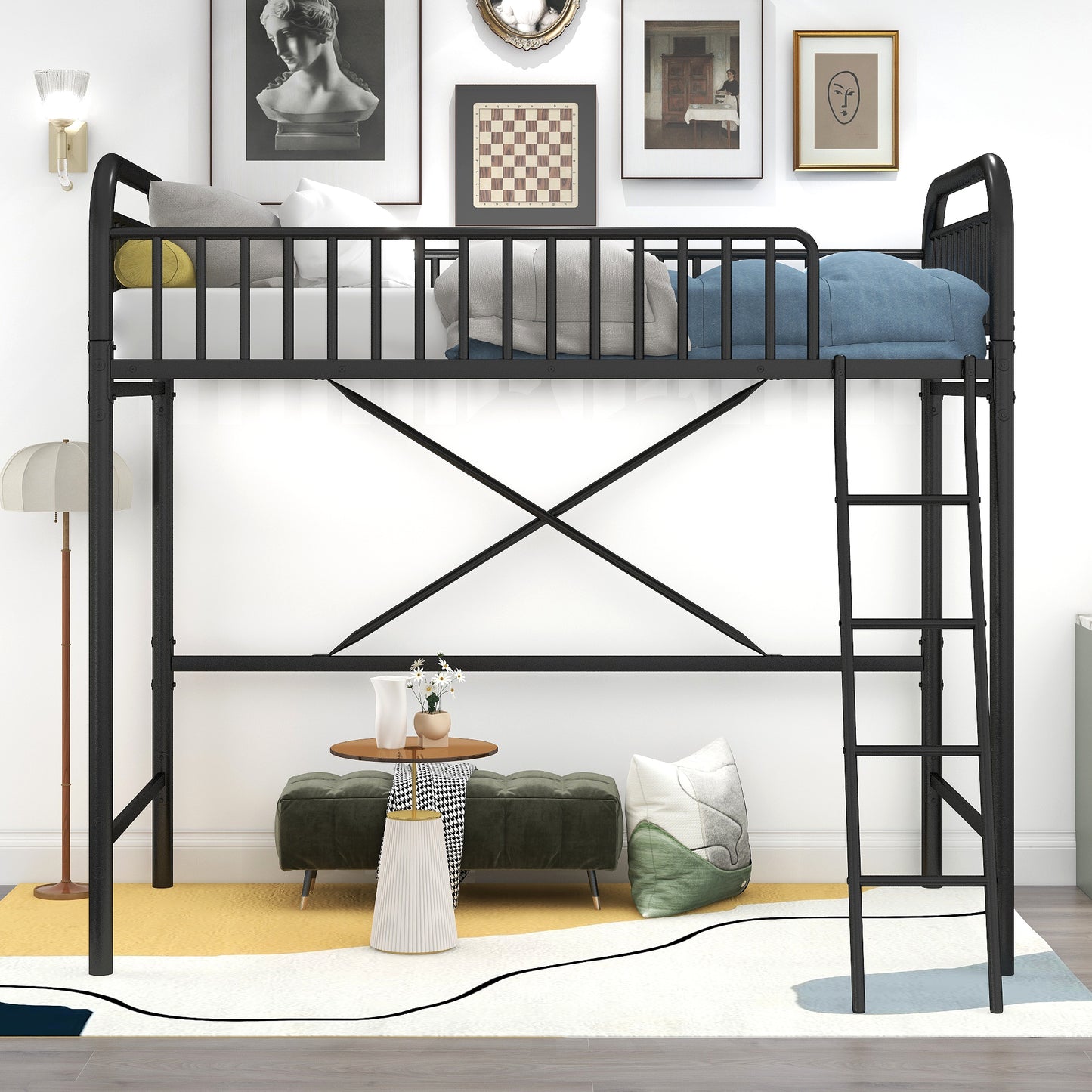 iRerts Black Loft Bed Twin Size, Twin Metal Loft Bed for Kids Teens, Twin Size Loft Bed with Ladder, Full-Length Guardrails, No Box Spring Needed, Modern Twin Loft Bed for Bedroom, Dorm, Guest Room