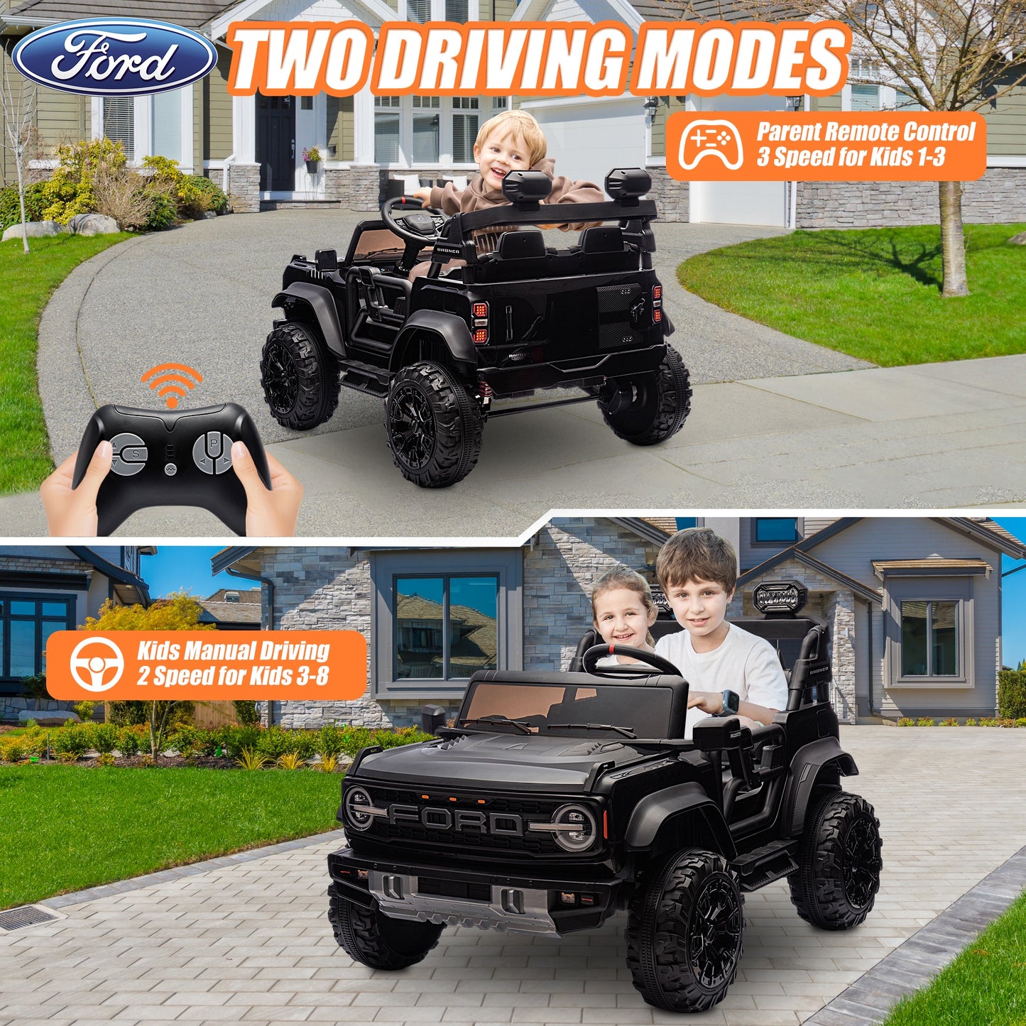 24V 2 Seater Ride on Toy Car, Licensed Ford Bronco Raptor Ride on Trucks with Remote Control, Bluetooth Music Player, Spring Suspension, Battery Powered Electric Car for Kids Boys Girl Ages 3-8, Black