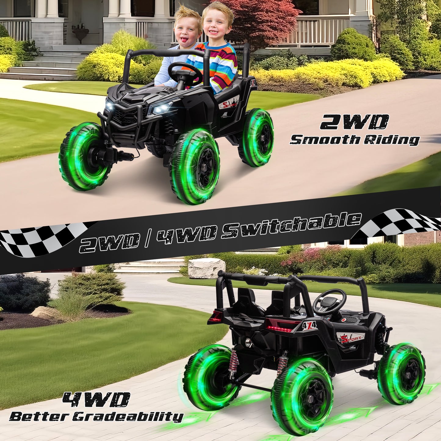 iRerts 24V Ride on UTV Cars 2 Seater, Kids Electric Ride on Toy Car with Remote Control, Music, LED Light, USB, Bluetooth, Kids Electric Vehicle for Christmas Birthday Gifts, Black