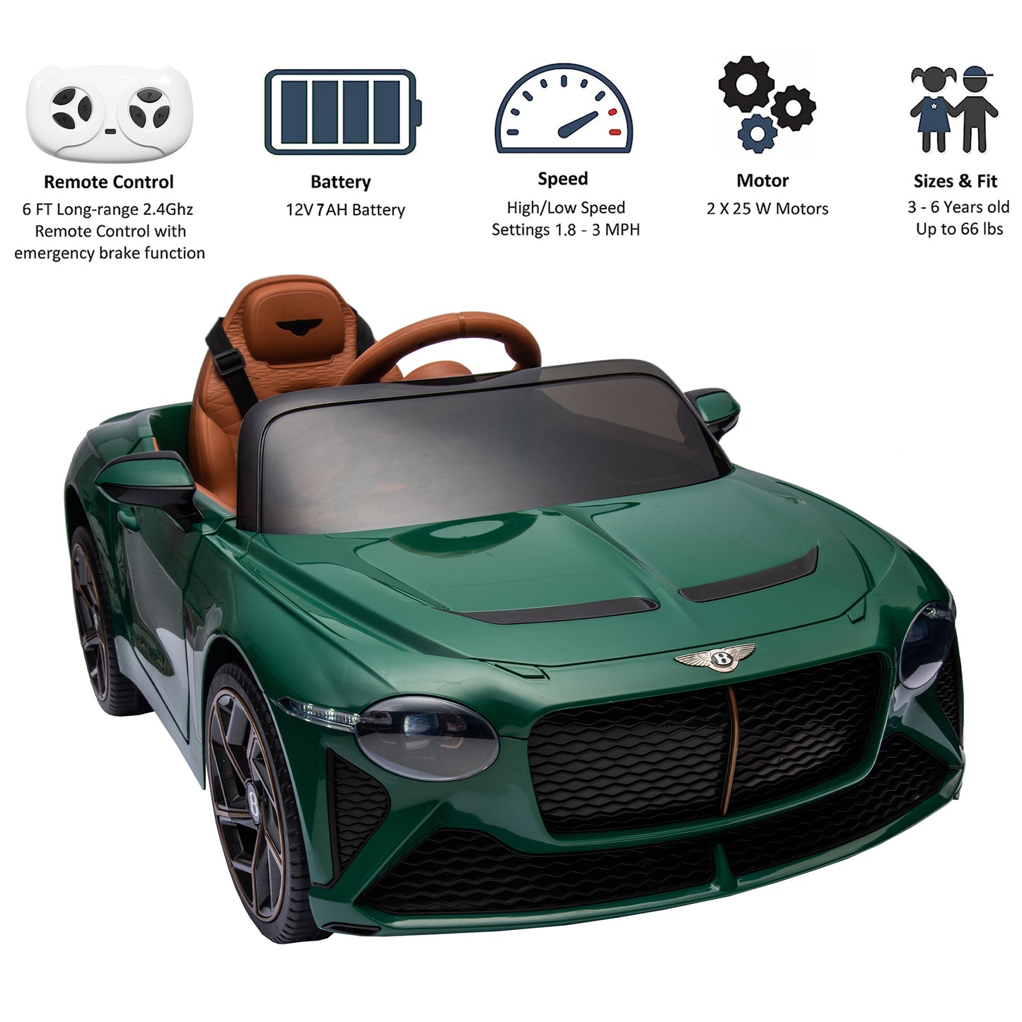 12V Ride On Car with Remote Control, Licensed Bentley Mulsanne Kids Electric Car with Bluetooth, Music, USB, MP3, LED Light, Battery Powered Electric Ride On Vehicle for Boy Girl Birthday Gift, Green