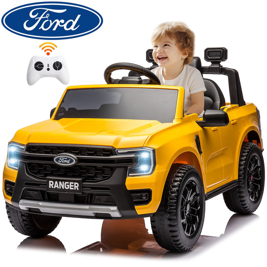12V Ride on Cars with Remote Control, Ford Ranger Electric Cars for Kids with Bluetooth, Music, USB Port, Horn, LED Lights, Battery Powered Ride on Toys for Kids Boys Girls 3-6 Ages Gifts, Yellow