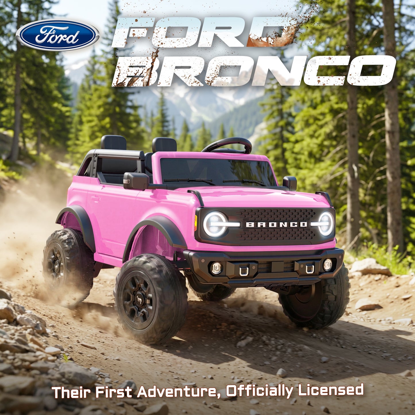 iRerts 2 Seater Ride on Cars, Licensed Ford Bronco Base 24V Ride on Toys for Big Kids Ages 3-8, Powered Kids Car Electric Vehicle with Remote Control, Bluetooth, LED Lights, 4 Wheel Suspension, Pink