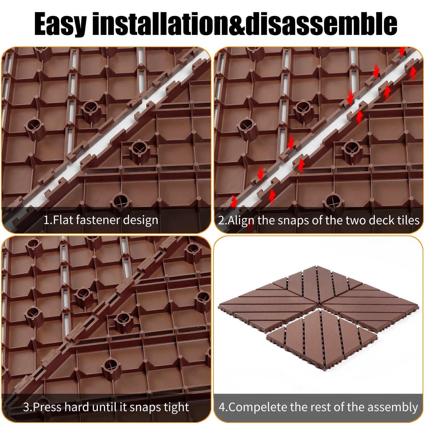 iRerts Plastic Interlocking Deck Tiles, 44 Pack Outdoor Flooring Tiles 12" x 12", All Weather Use, Patio Floor Decking Tiles for Porch Poolside Backyard, Brown
