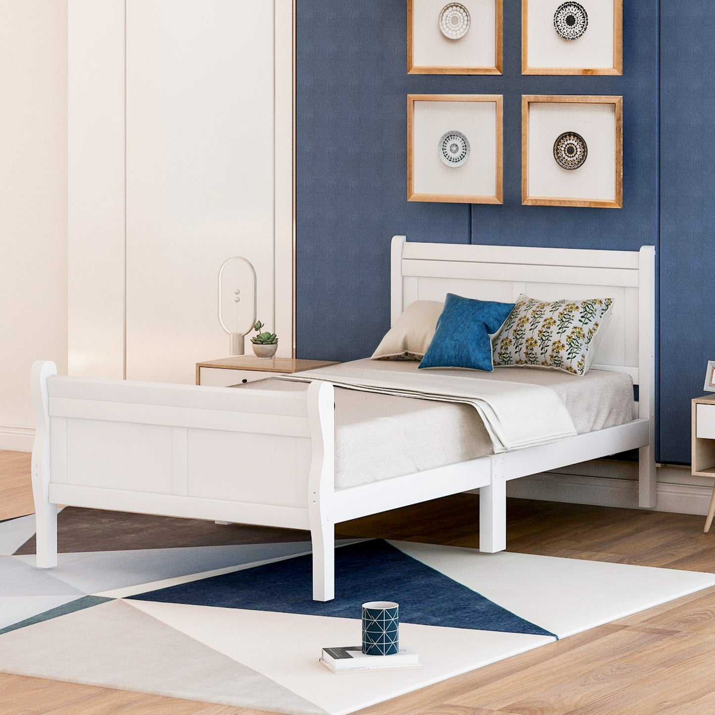 iRerts Wood Twin Platform Bed Frame, Modern Twin Bed Frame with Headboard, Twin Size Wood Platform Bed with Wooden Slat Support, No Box Spring Needed, Easy Assembly, White