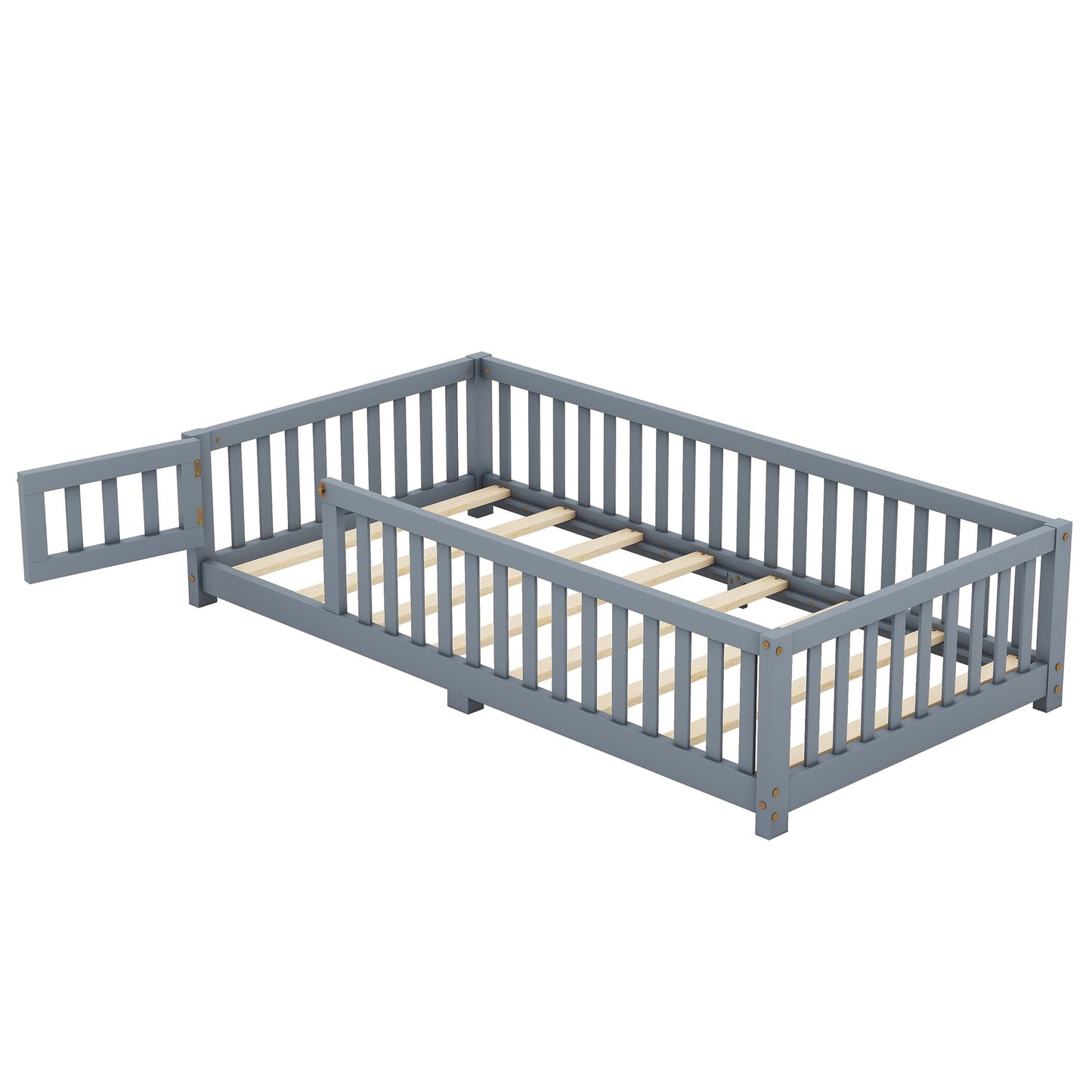 iRerts Twin Floor Bed Frame for Toddlers Kids, Wood Twin Montessori Bed Frame with Slats, Fence, Door, Kids Montessori Bed Twin Size, Twin Toddler Bed Frame for Boys Girls, Gray