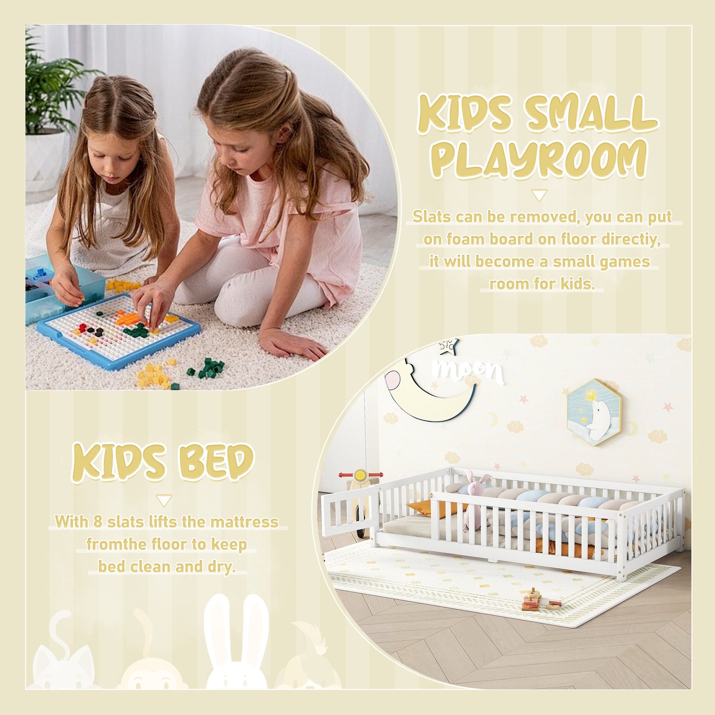 iRerts Twin Floor Bed Frame for Toddlers Kids, Wood Twin Montessori Bed Frame with Slats, Fence, Door, Kids Montessori Bed Twin Size, Twin Toddler Bed Frame for Boys Girls, White