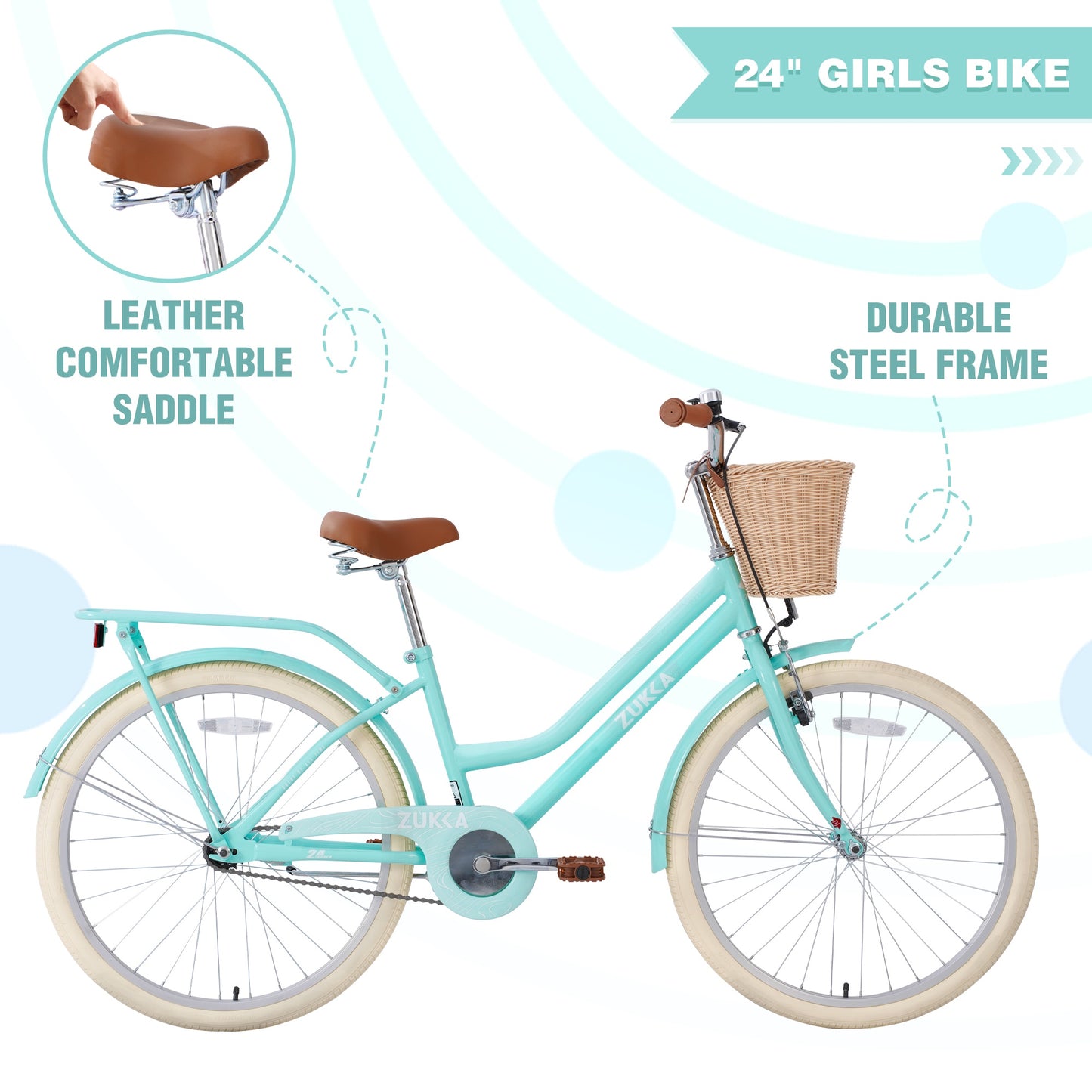 iRerts Girls Bike for 10+ Years Old Kids, 24 Inch Bike with Basket, Brown Leather Saddle, Coaster Brakes, Retro Style Girls Bicycle Cycle Bikes, Women Bicycle for Gifts, Yellow