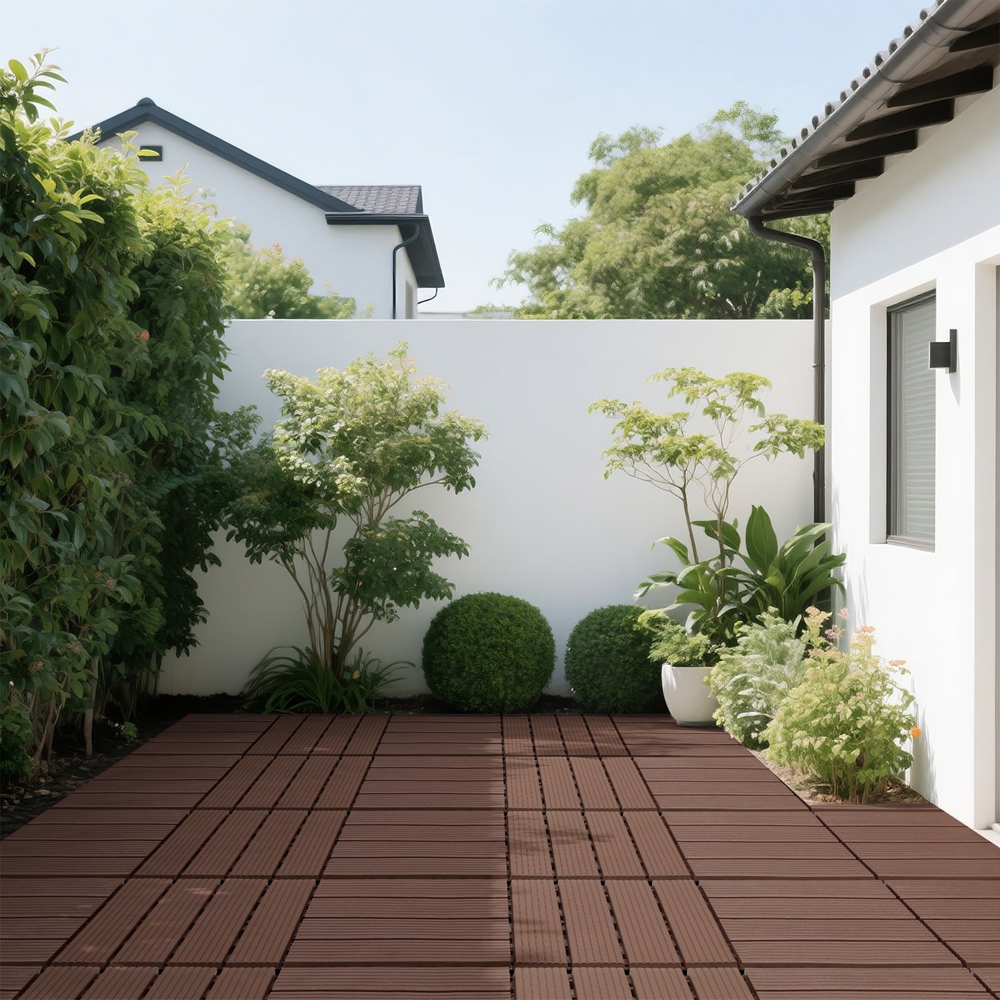iRerts Plastic Interlocking Deck Tiles, 44 Pack Outdoor Flooring Tiles 12" x 12", All Weather Use, Patio Floor Decking Tiles for Porch Poolside Balcony, Brown