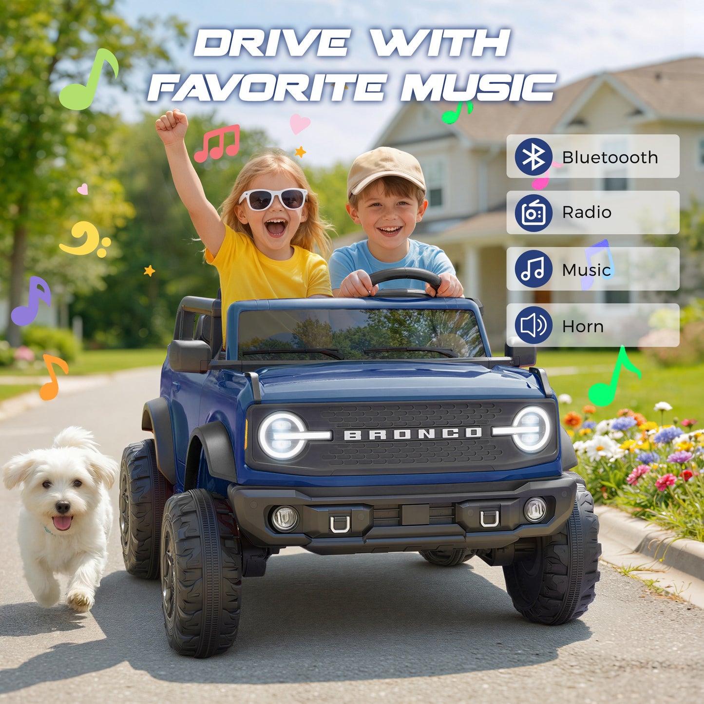 iRerts 2 Seater Ride on Cars, Licensed Ford Bronco Base 24V Ride on Toys for Big Kids Ages 3-8, Powered Kids Car Electric Vehicle with Remote Control, Bluetooth, LED Lights, 4 Wheel Suspension, Blue