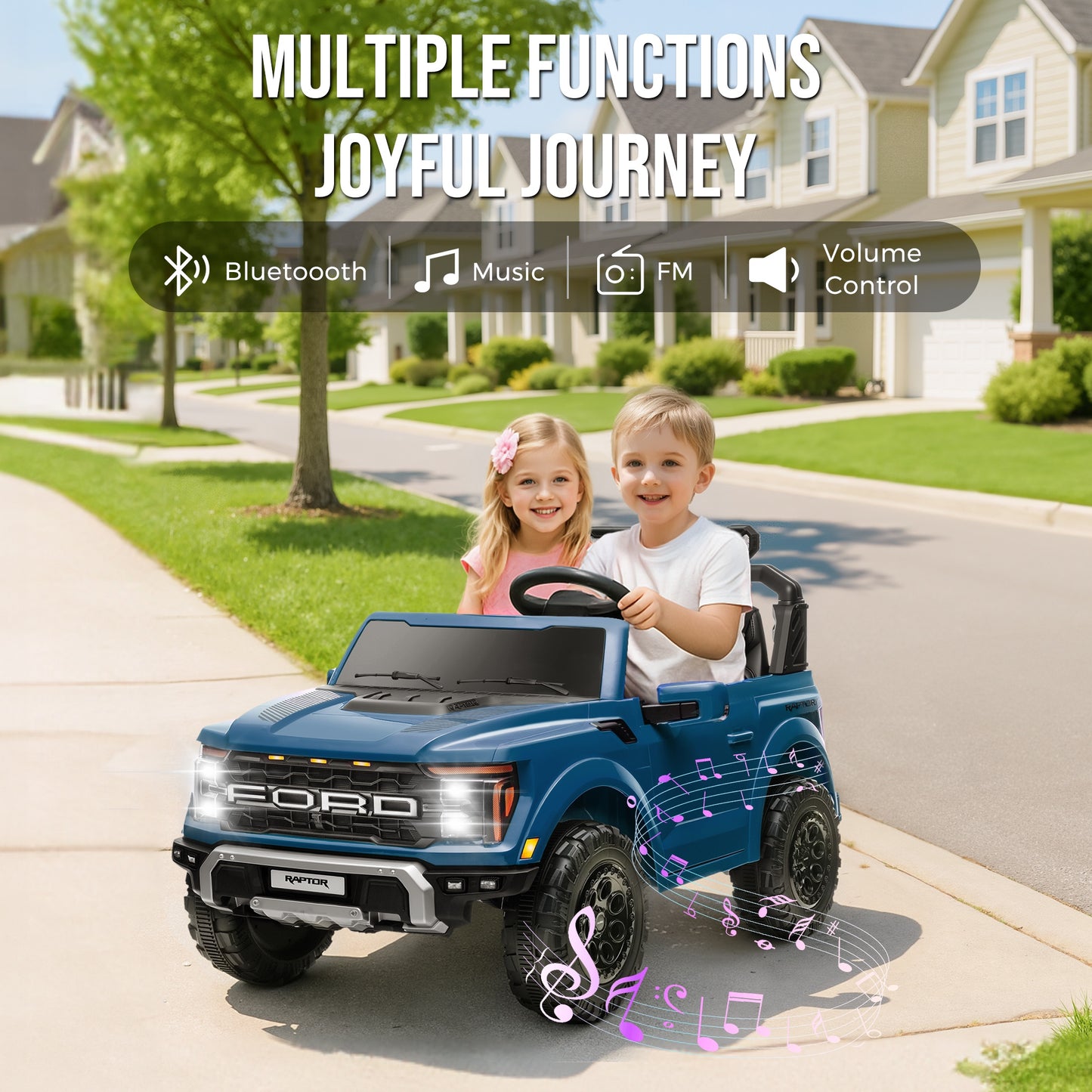 iRerts 24V Ride on Toys for Big Kids, Licensed Ford F 150 Raptor 2 Seater Ride on Cars with Remote Control, Bluetooth, FM Radio, LED Lights, 4 Wheels Suspension, Electric Car for Kids Ages 3-8, Blue