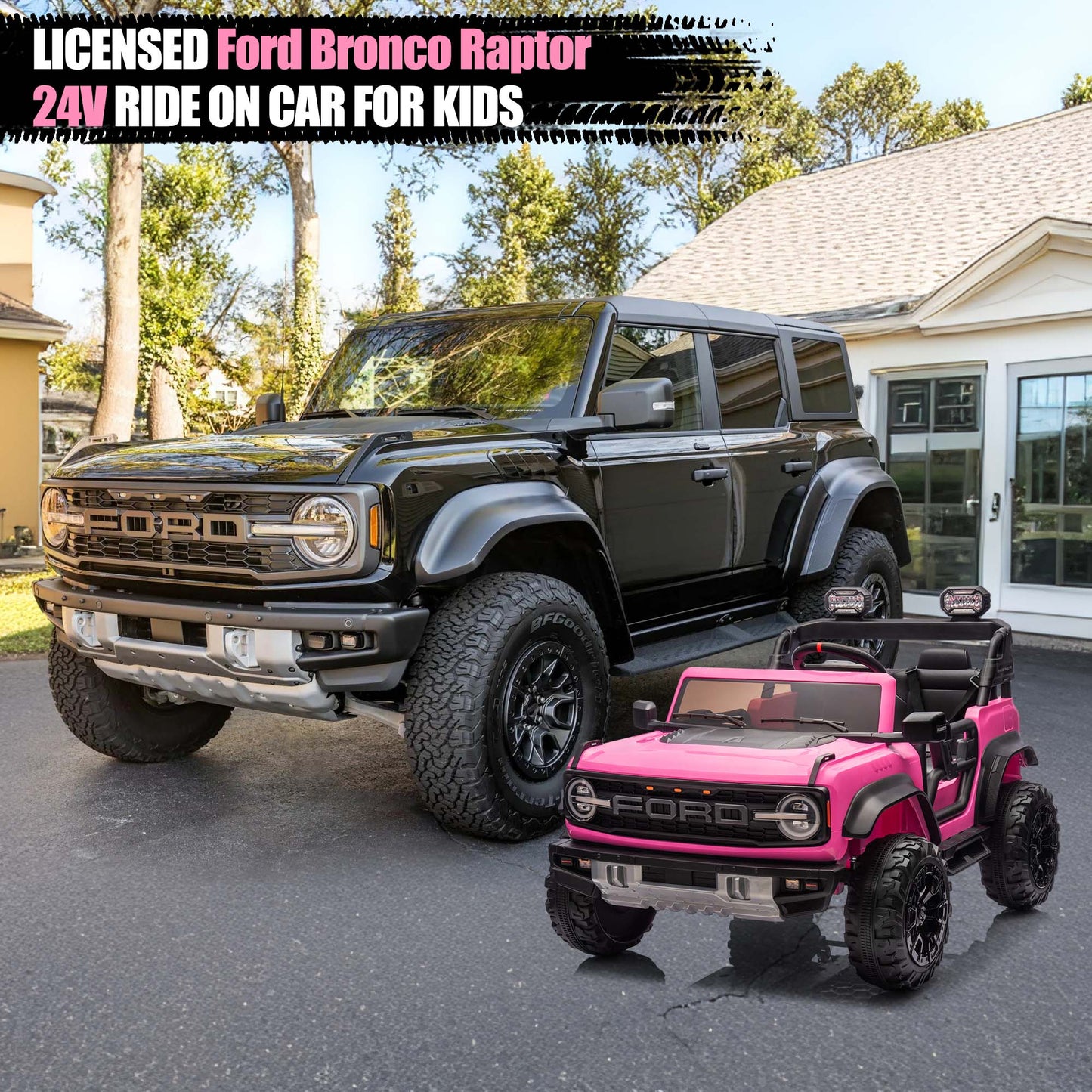 Ford Bronco Raptor 24V Ride on Toys, 2 Seater Ride on Cars with Remote Control, Bluetooth Music, Spring Suspension, Battery Powered Electric Car for Kids Ages 3-8, Pink
