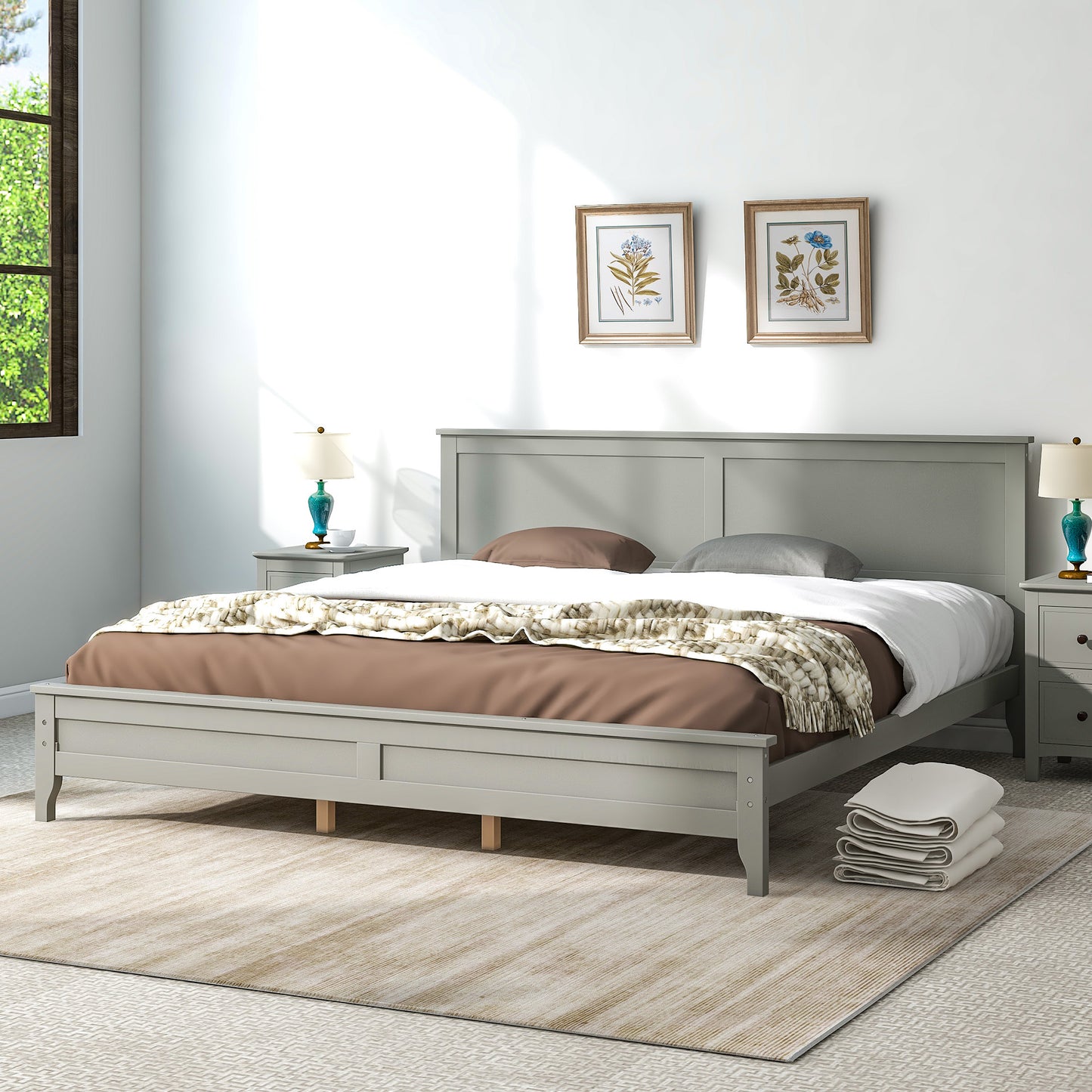 iRerts King Platform Bed Frame with Headboard and Footboard, Solid Wood Bed Frames King Size with Slats Support, Oak Top, Modern King Bed Frame No Box Spring Needed for Kids Adults, Gray