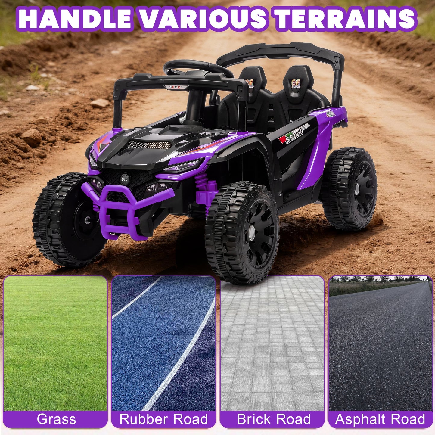 iRerts 24V Powered Ride on Car UTV, Kids Ride on Toys with Remote Control, Bluetooth, Music, 4 Wheels Suspension, LED Light, Kids Car 4 Wheeler Electric Vehicles for Boys Girls Ages 3-5 Gifts, Purple