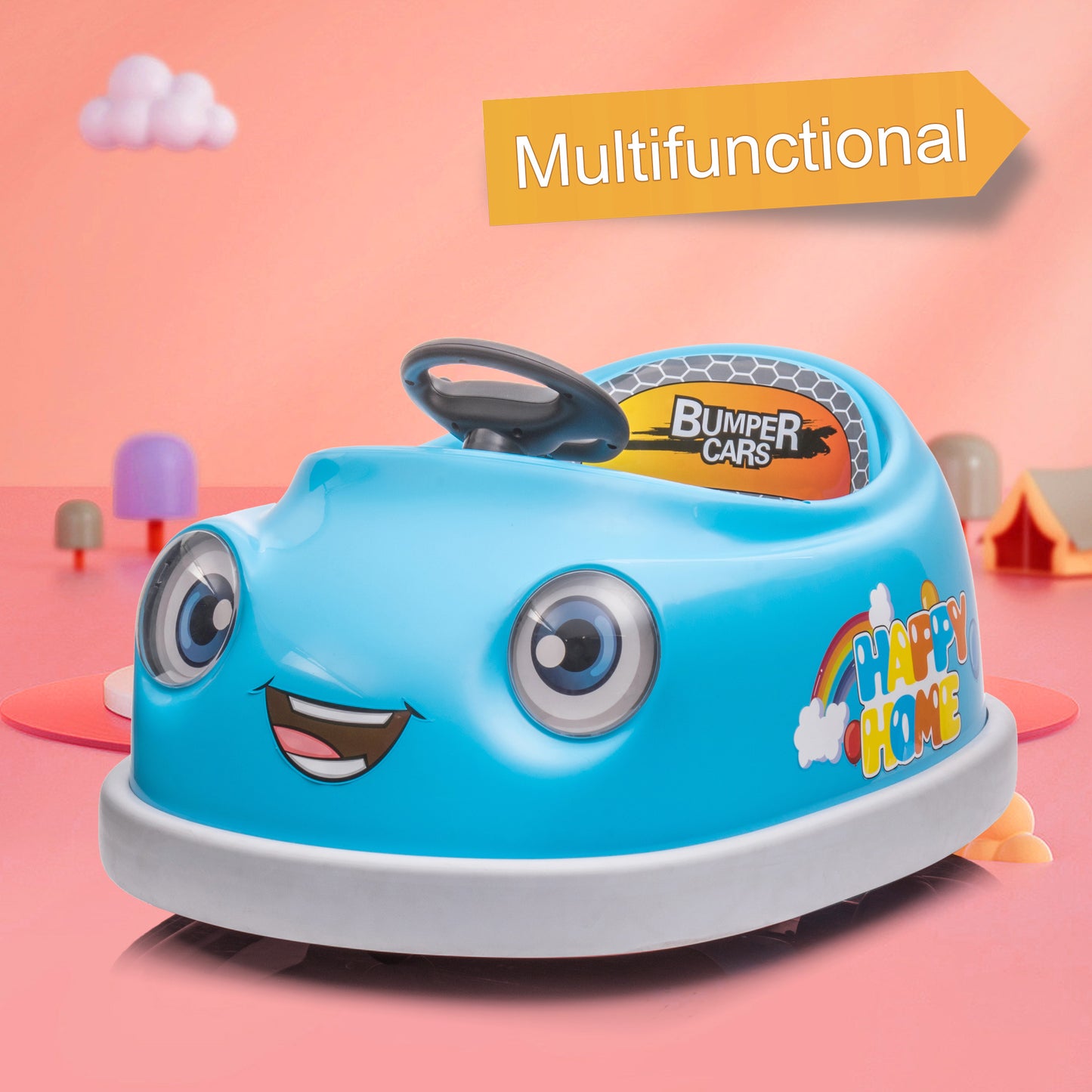 iRerts Kids Bumper Car with Remote Control, 12V Bumper Car for Toddlers Ages 1-6 Years with Rocking Horse Mode, Push Rod, Dinner Plate, USB Bluetooth Music, Ride on Toys Car for Boys Girls Gifts, Blue