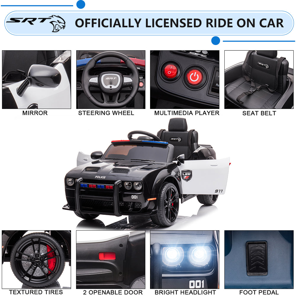Dodge Challenger 12V Ride On Police Cars with Remote Control, Electric Car for kids with LED Light, Bluetooth, USB, MP3, Battery Powered Ride on Toys for Kids Boys Girls 3-5 Years Old Birthday Gifts