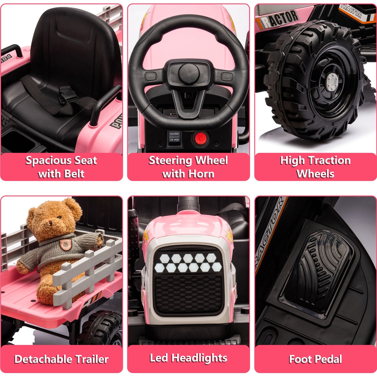 Powered Ride on Toy Tractor, 24V Kids Ride on Car with Remote Control, Electric Vehicles for Kids Toddlers 3-6 Years with 3 Speeds, Bluetooth, Music Player, LED Light, Rear Wheel Suspension, Pink